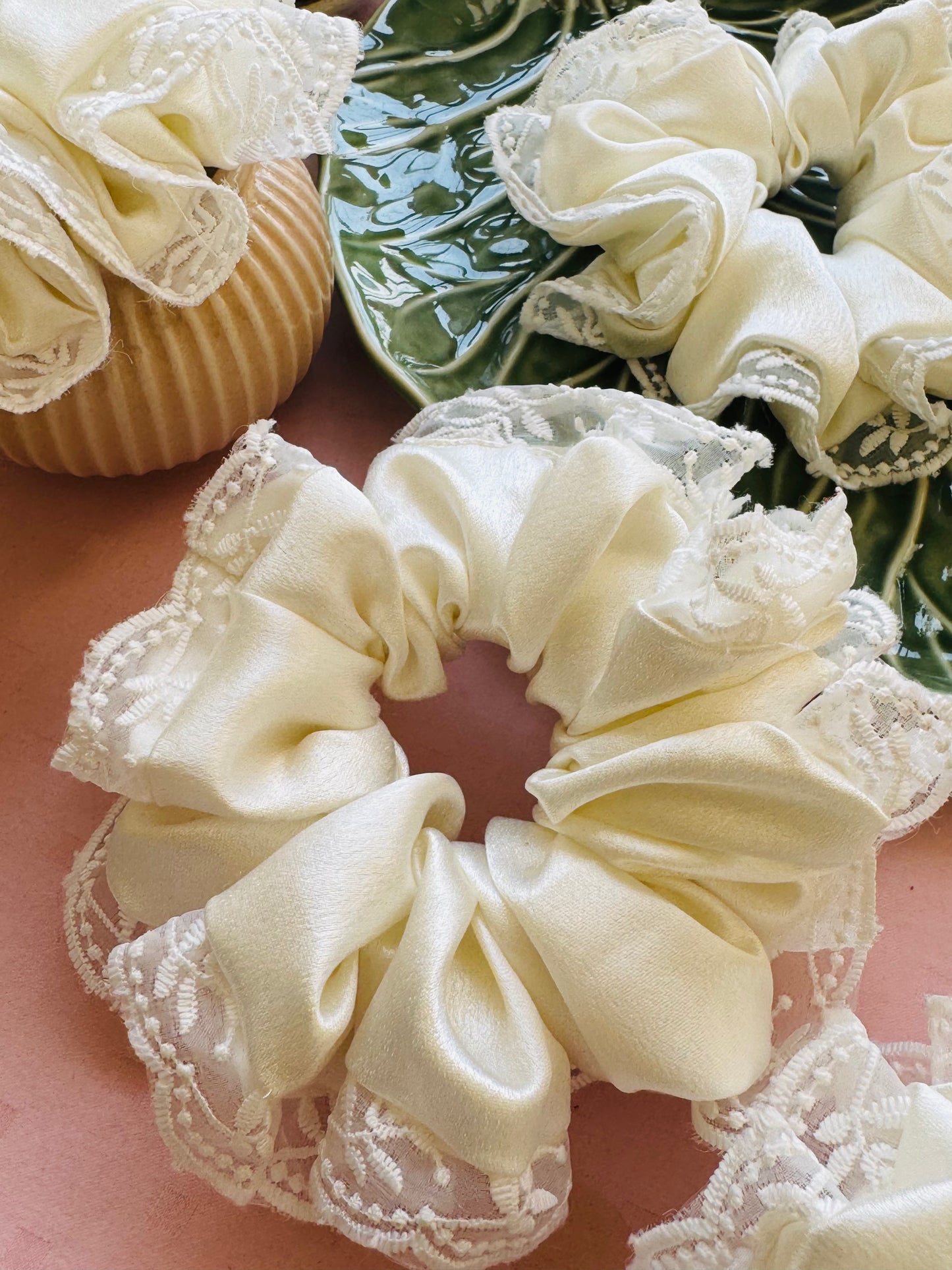Snow White - Premium Satin Scrunchies with Designer Lace