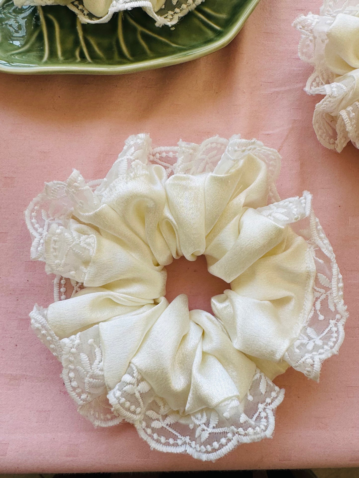 Snow White - Premium Satin Scrunchies with Designer Lace