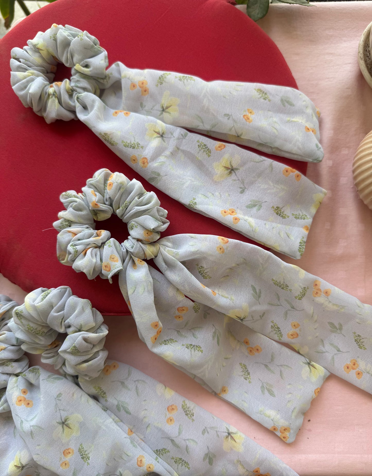 Nearing Spring -Floral Green Georgette Tail Scrunchie