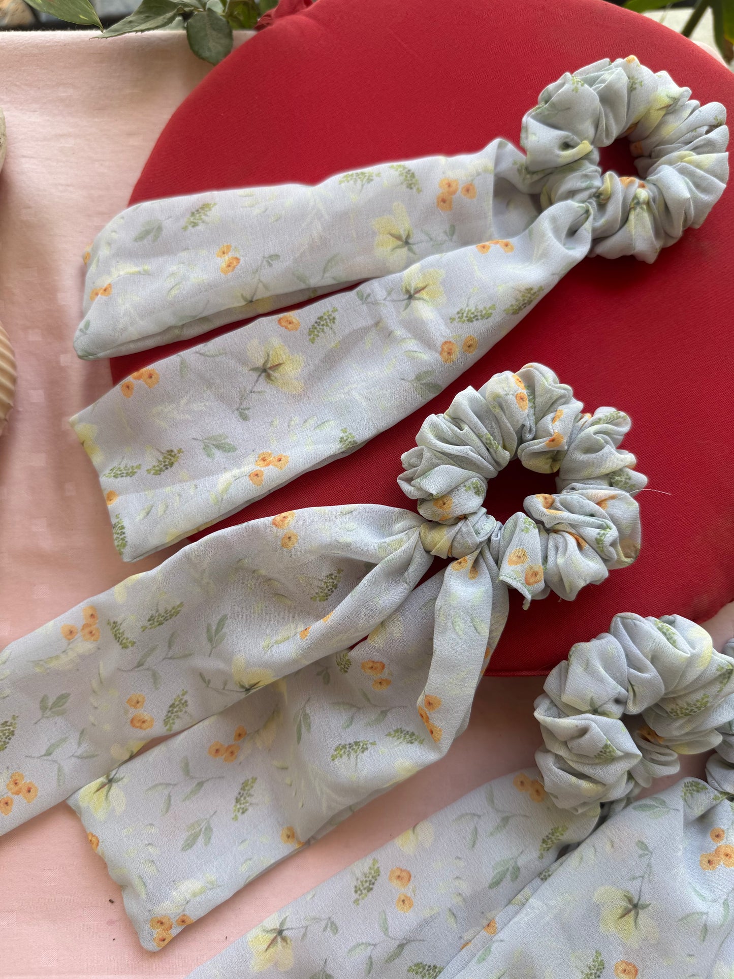Nearing Spring -Floral Green Georgette Tail Scrunchie
