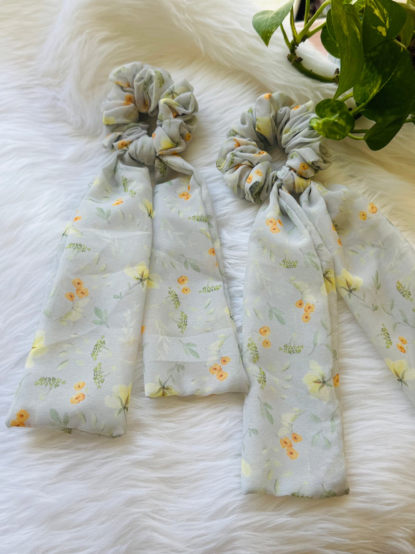 Nearing Spring -Floral Green Georgette Tail Scrunchie