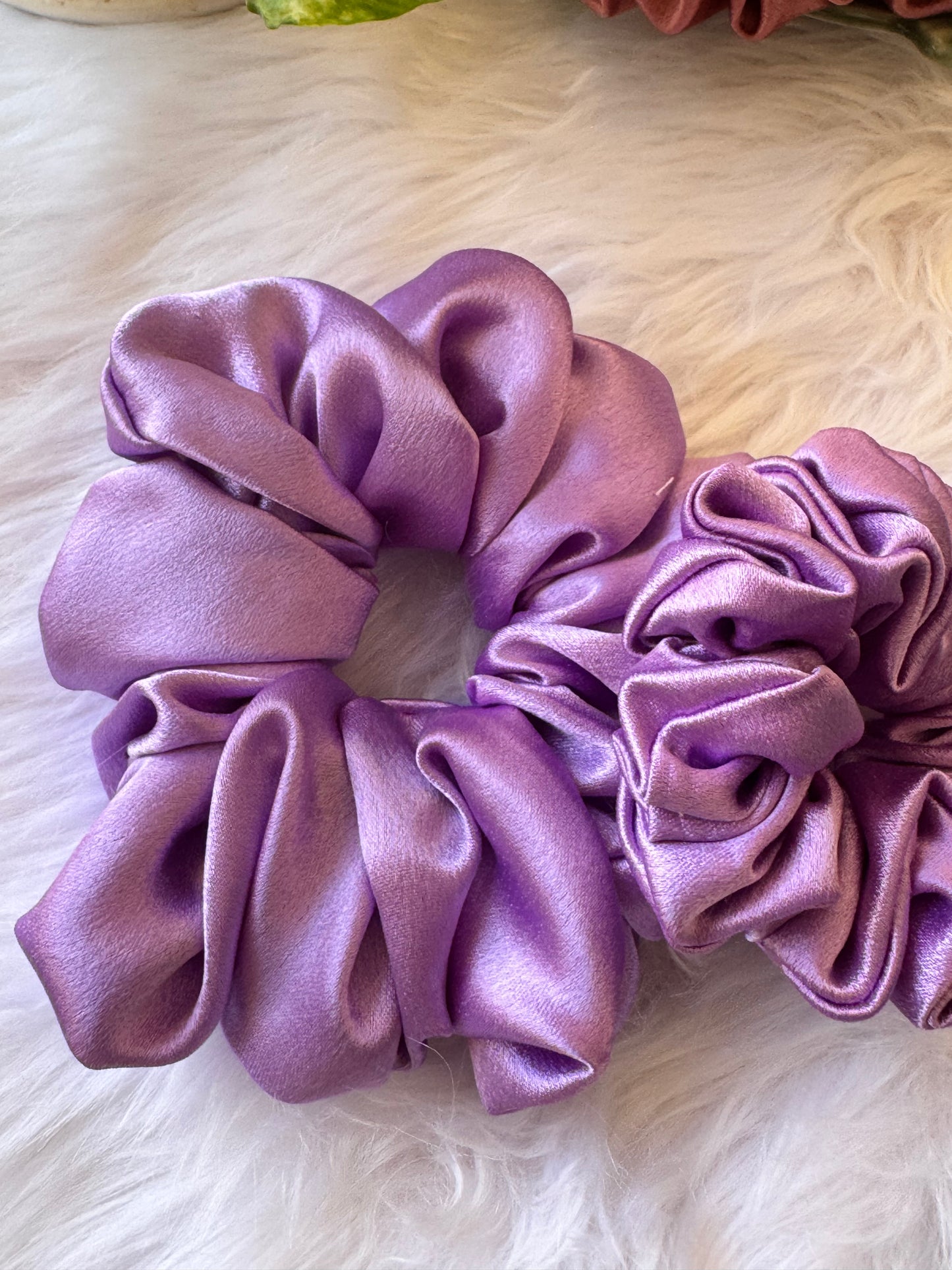 Set of two Lavender Duo Satin Scrunchies – premium large and small satin scrunchies in a dreamy lavender shade, displayed front-facing in a straight alignment