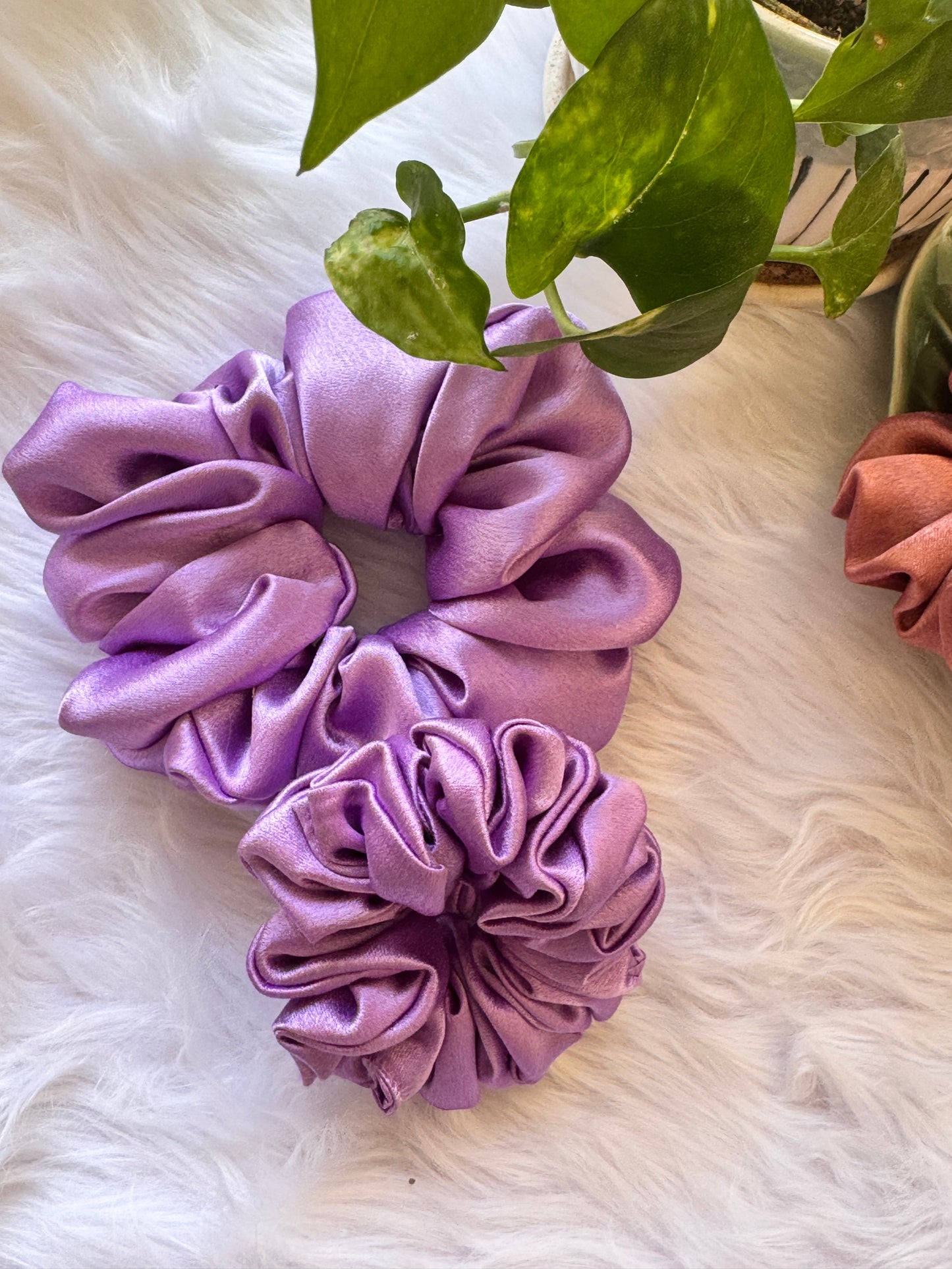 Set of two Lavender Duo Satin Scrunchies – premium large and small satin scrunchies in a dreamy lavender shade, displayed front-facing in a straight alignment