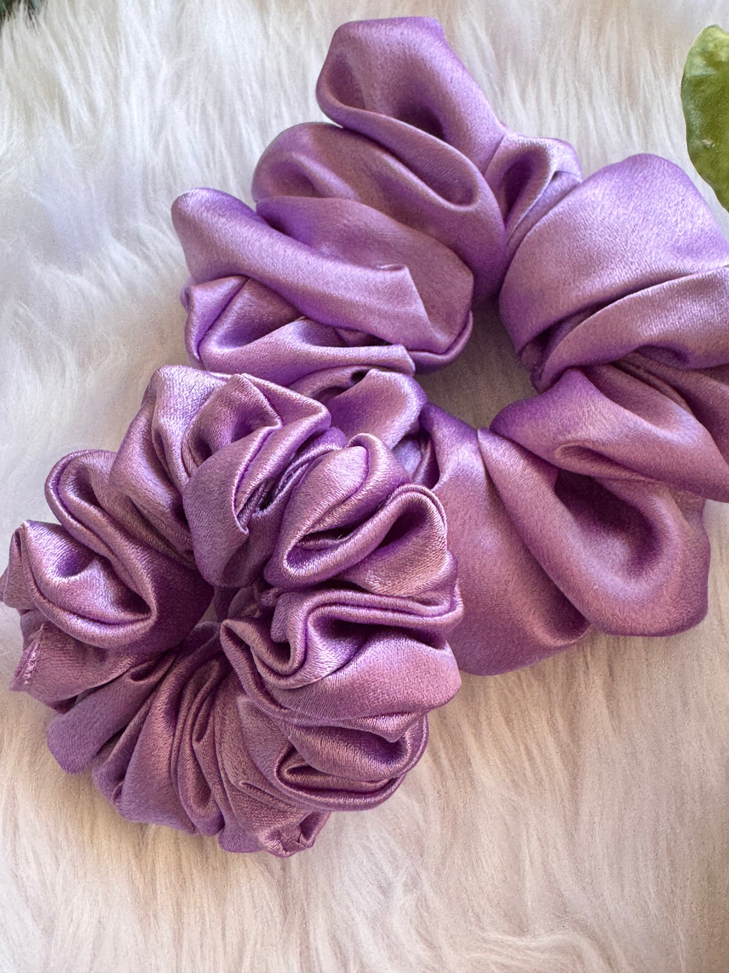 Set of two Lavender Duo Satin Scrunchies – premium large and small satin scrunchies in a dreamy lavender shade, displayed front-facing in a straight alignment