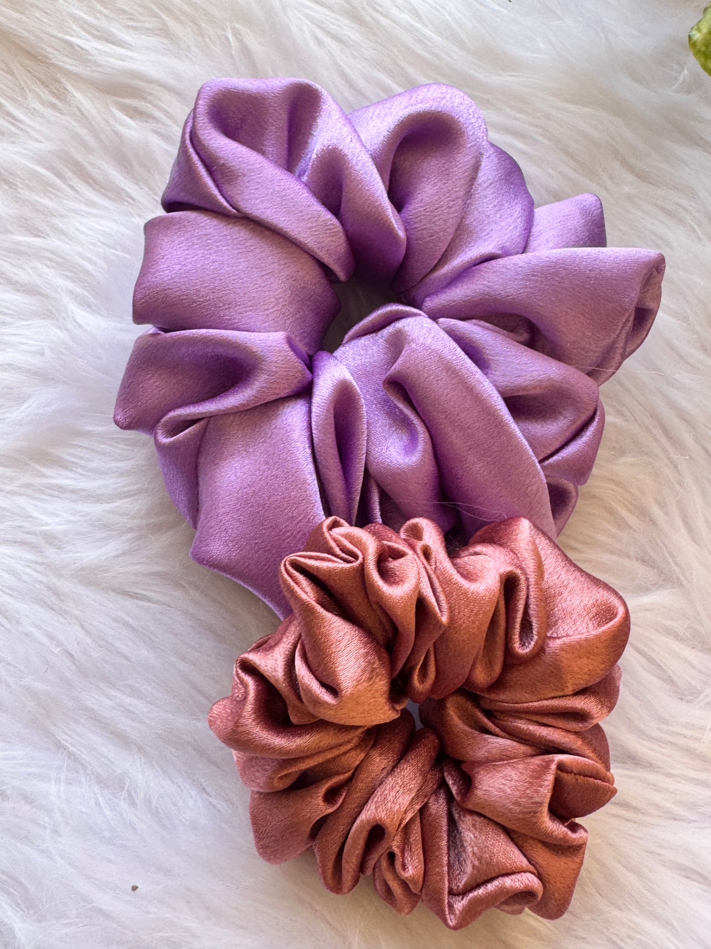 Set of two Peach-o-Lavender Satin Scrunchies – premium lavender and peach pink scrunchies displayed front-facing in a straight alignment