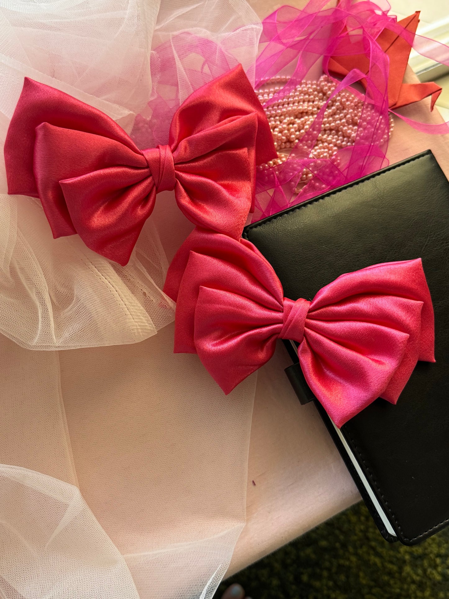Two Satin Hair bows with Clip Front Size, beautiful glossy Pink Color with light and dark, with Props kept non parallely