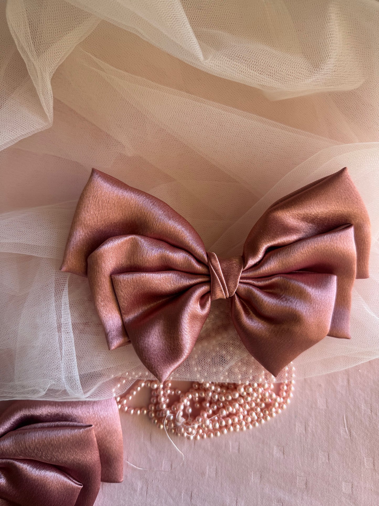Satin Hair bow with Clip Front Size, beautiful metallic Peach Color, with Props