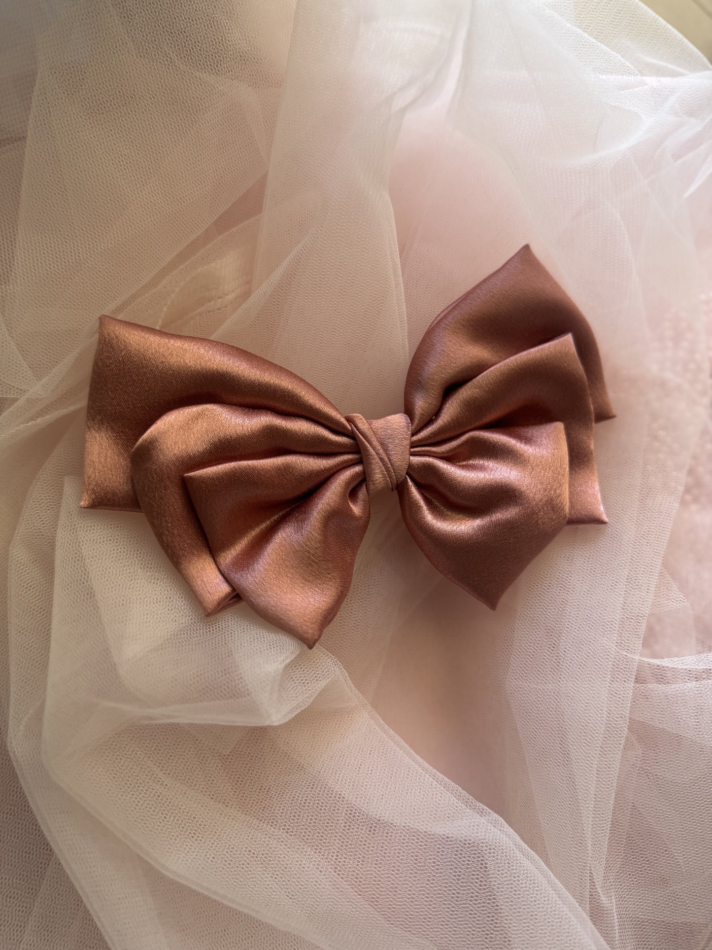 Satin Hair bow with Clip Front Size little titled, beautiful metallic Peach Color, with Props