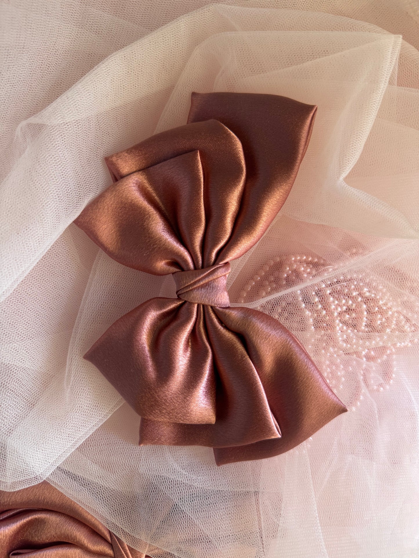 Satin Hair bow with Clip Front Size kept vertically, beautiful metallic Peach Color, with Props