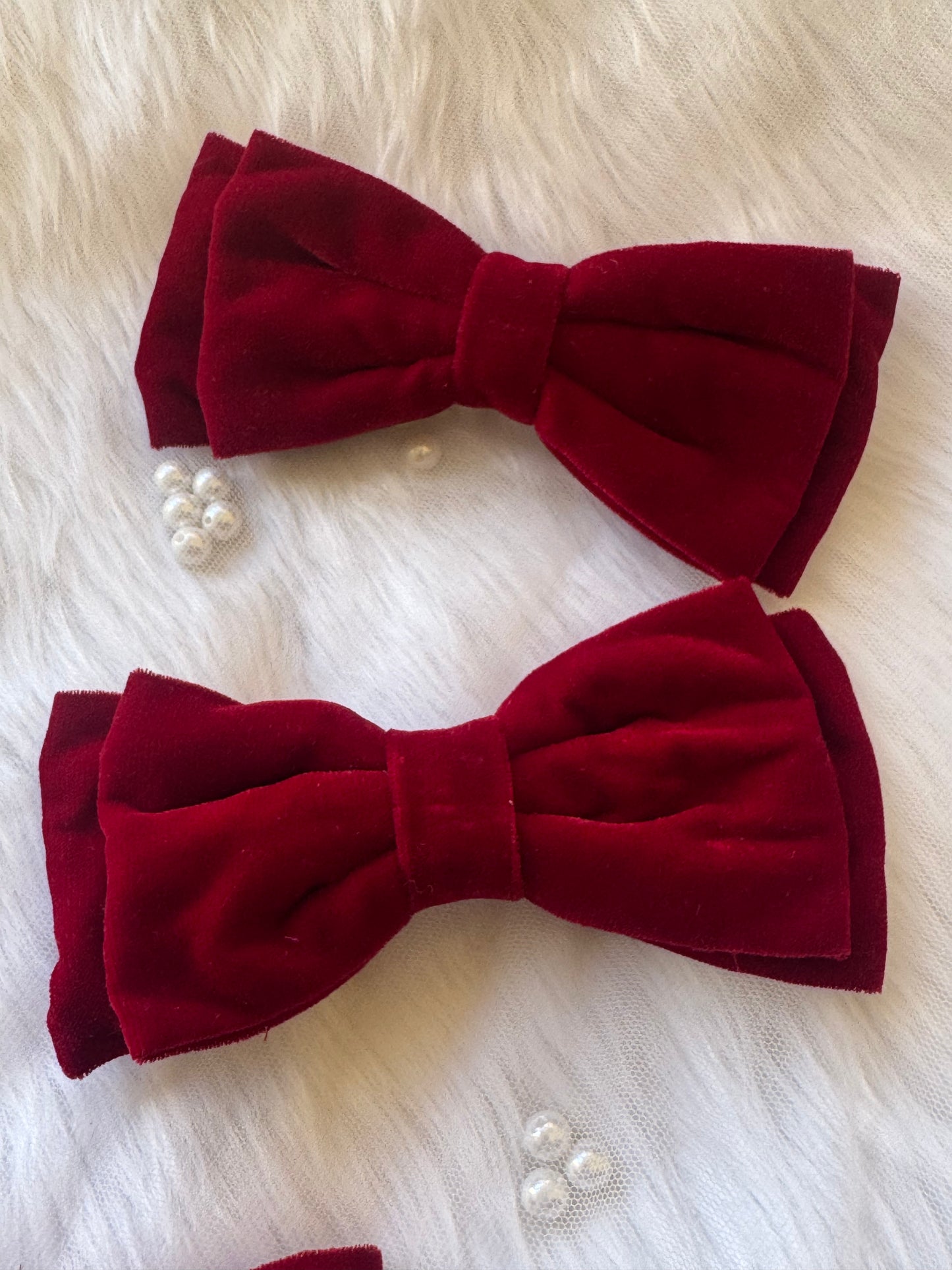 Two Cosmos Queen Hair Bows - Front view of maroon red premium velvet hair bow clips, perfect for adding a regal and luxurious touch to any hairstyle.