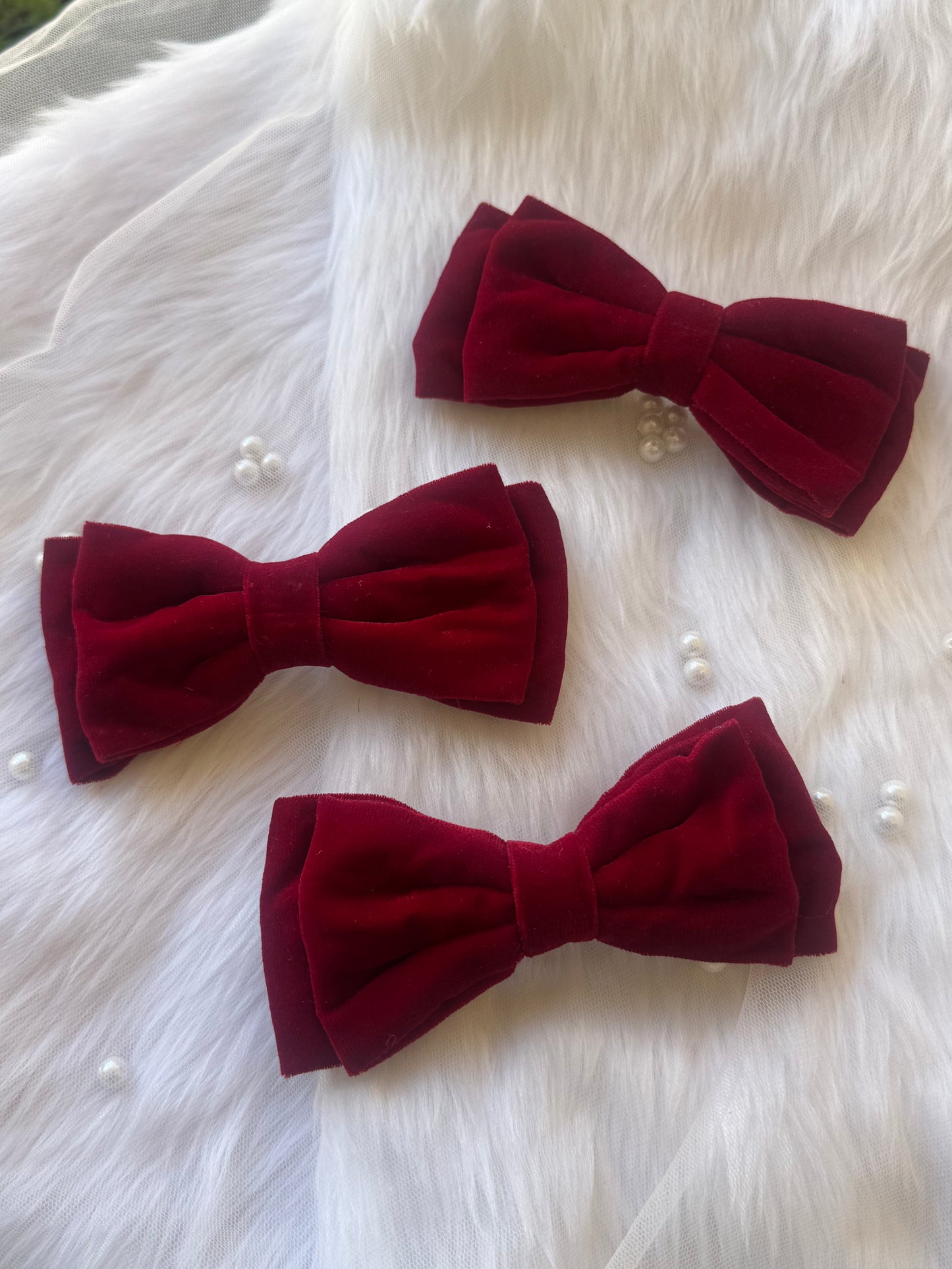 Three Cosmos Queen Hair Bows - Front view of a set of maroon red premium velvet hair bow clips, ideal for formal, casual, or statement styling