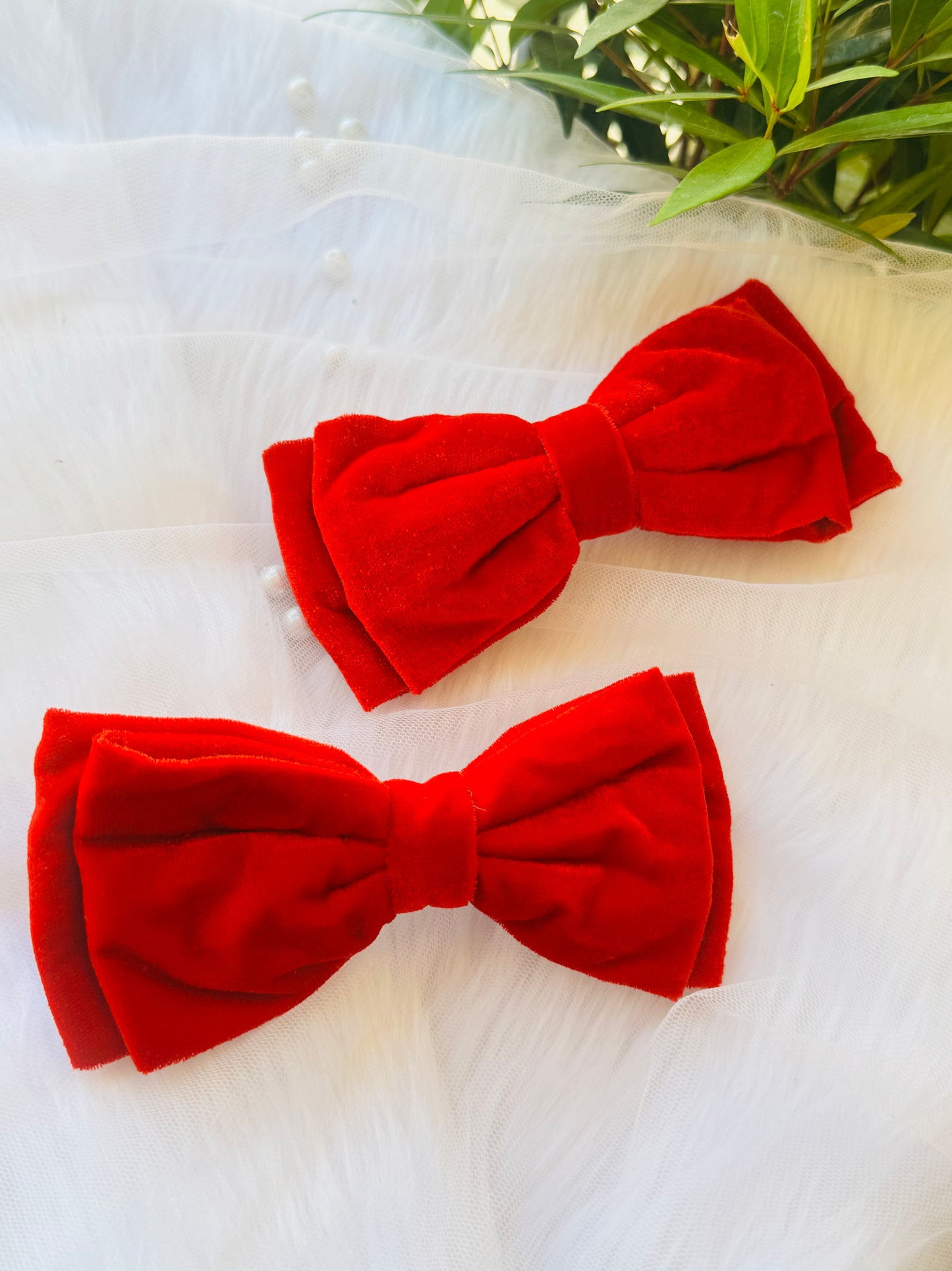 Two Red Velvet Hair Bows - Front view of crimson red premium velvet hair bow clips, perfect for bold, luxurious, and elegant styling