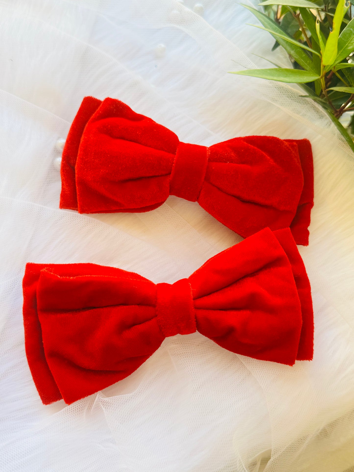 Two Red Velvet Hair Bows - Front view of crimson red premium velvet hair bow clips, perfect for bold, luxurious, and elegant styling