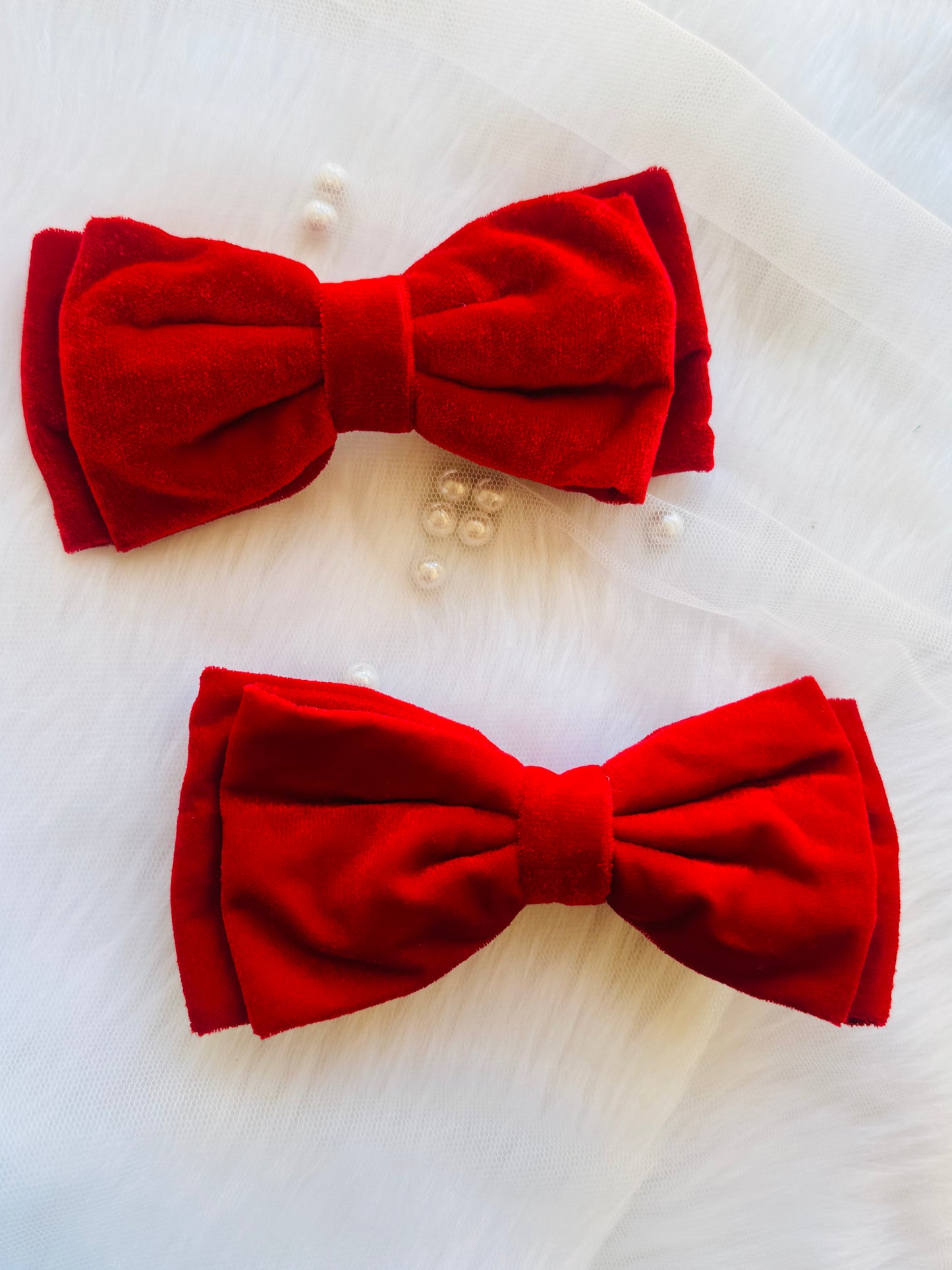 Two Red Velvet Hair Bows - Front view of crimson red premium velvet hair bow clips, perfect for bold, luxurious, and elegant styling