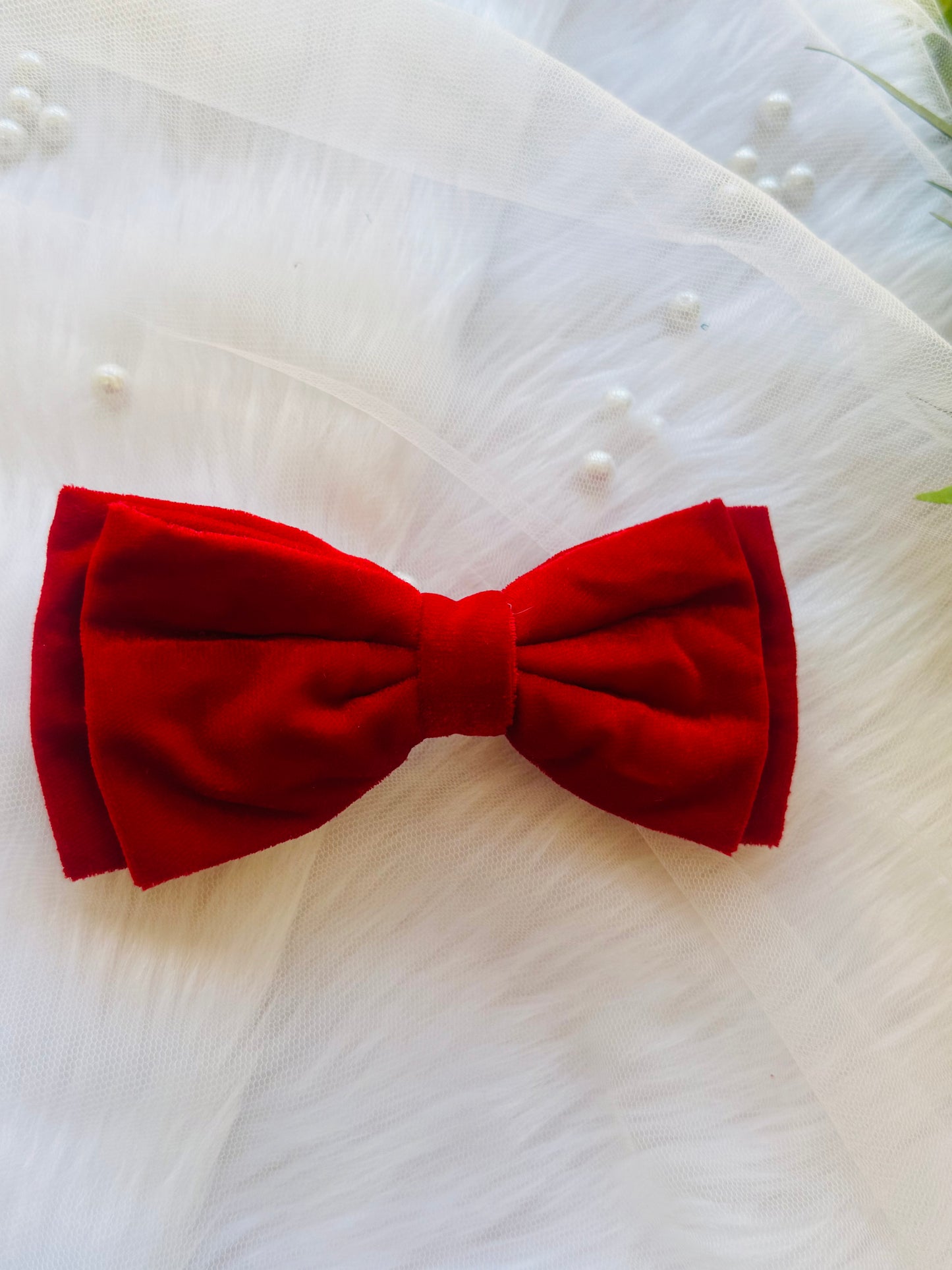 Red Velvet Hair Bow Clip - Front view of a crimson red premium velvet hair bow, expressing love and luxury with timeless elegance.