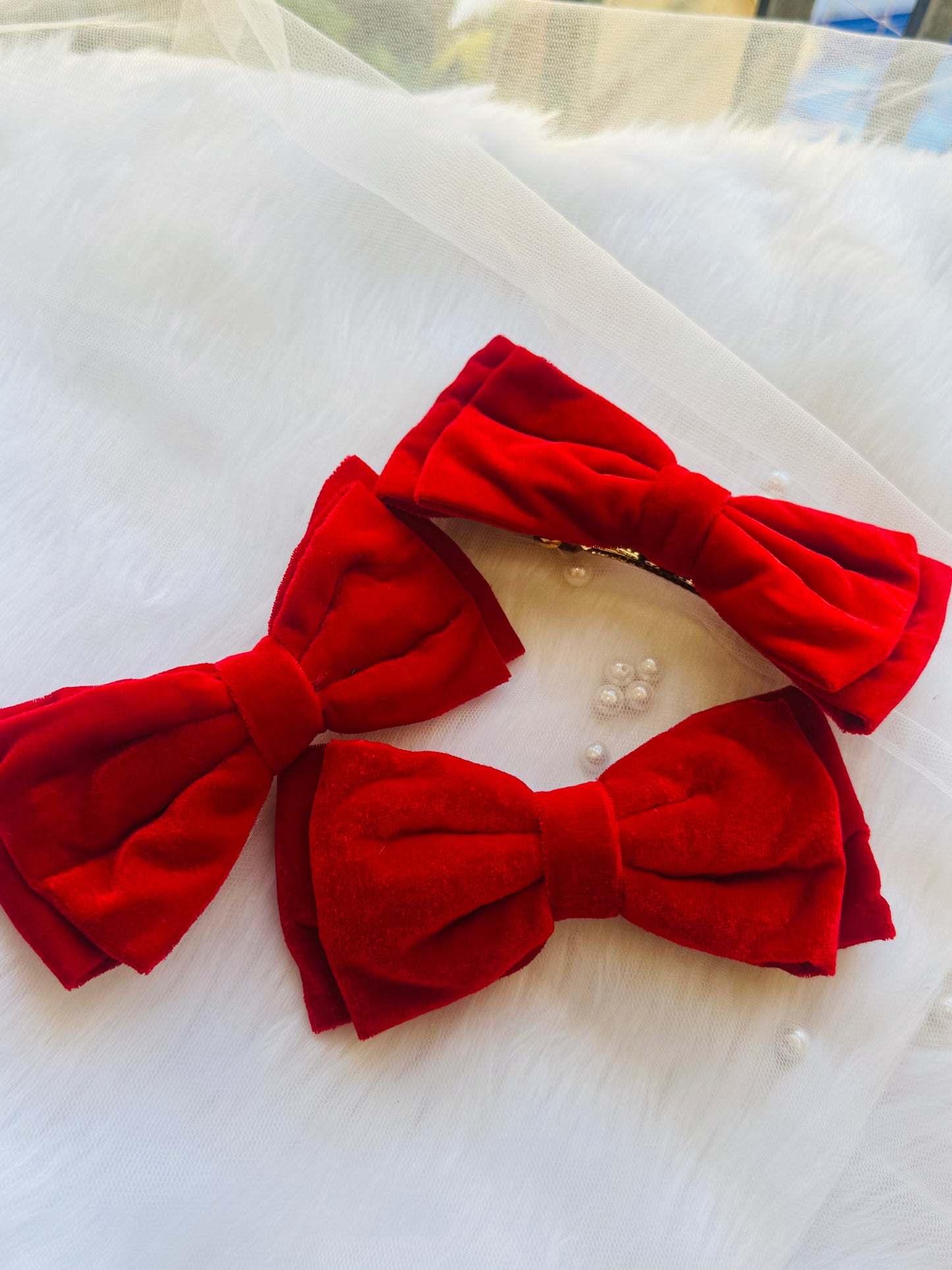 Three Red Velvet Hair Bows - Front view of a set of crimson red premium velvet hair bow clips, ideal for making a bold and sophisticated statement.