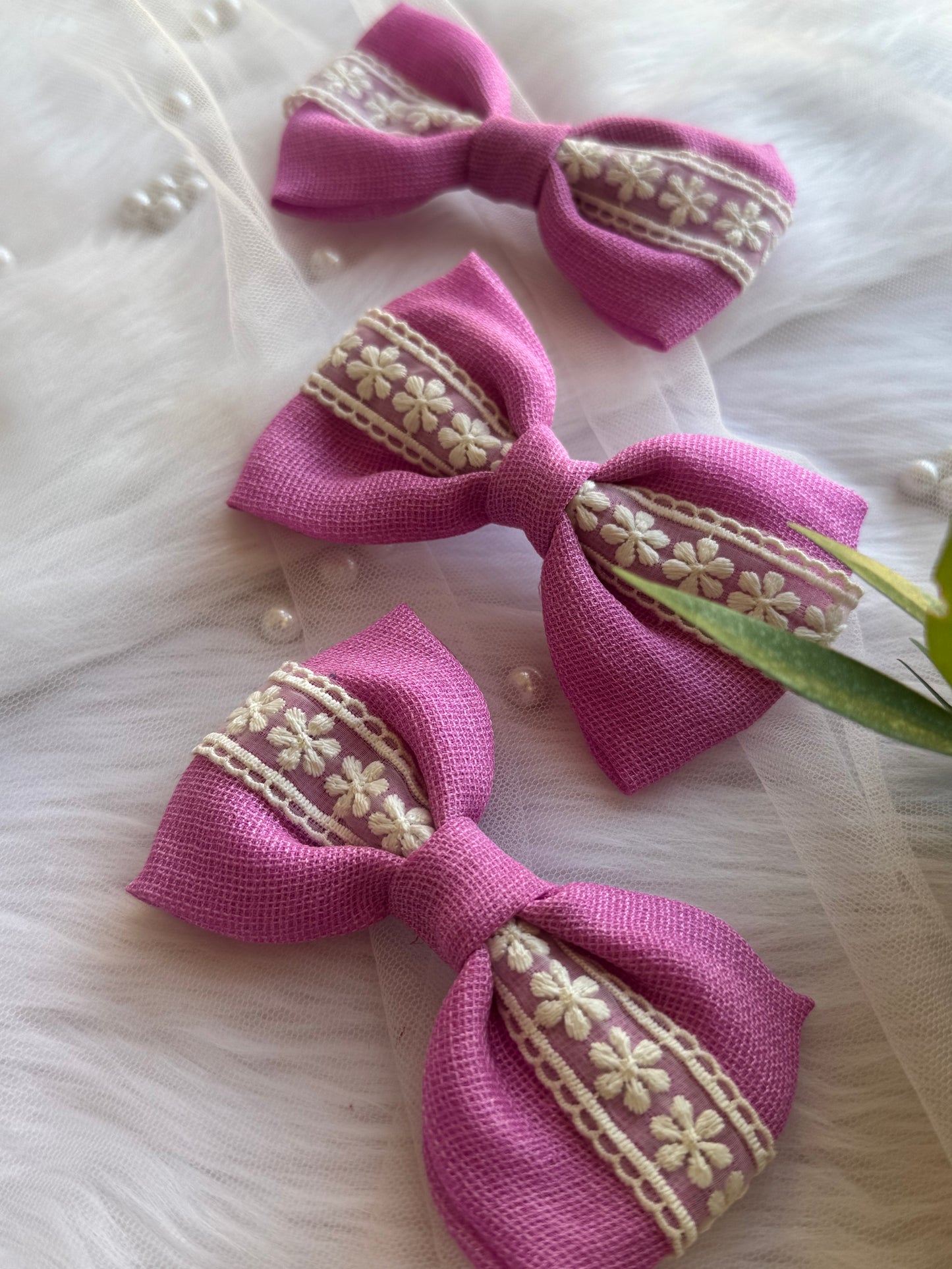 Three Morning Miss Hair Bows - Front view of a set of rose pink cotton hair bow clips with floral embroidered lace, perfect for casual, vintage-inspired styling.