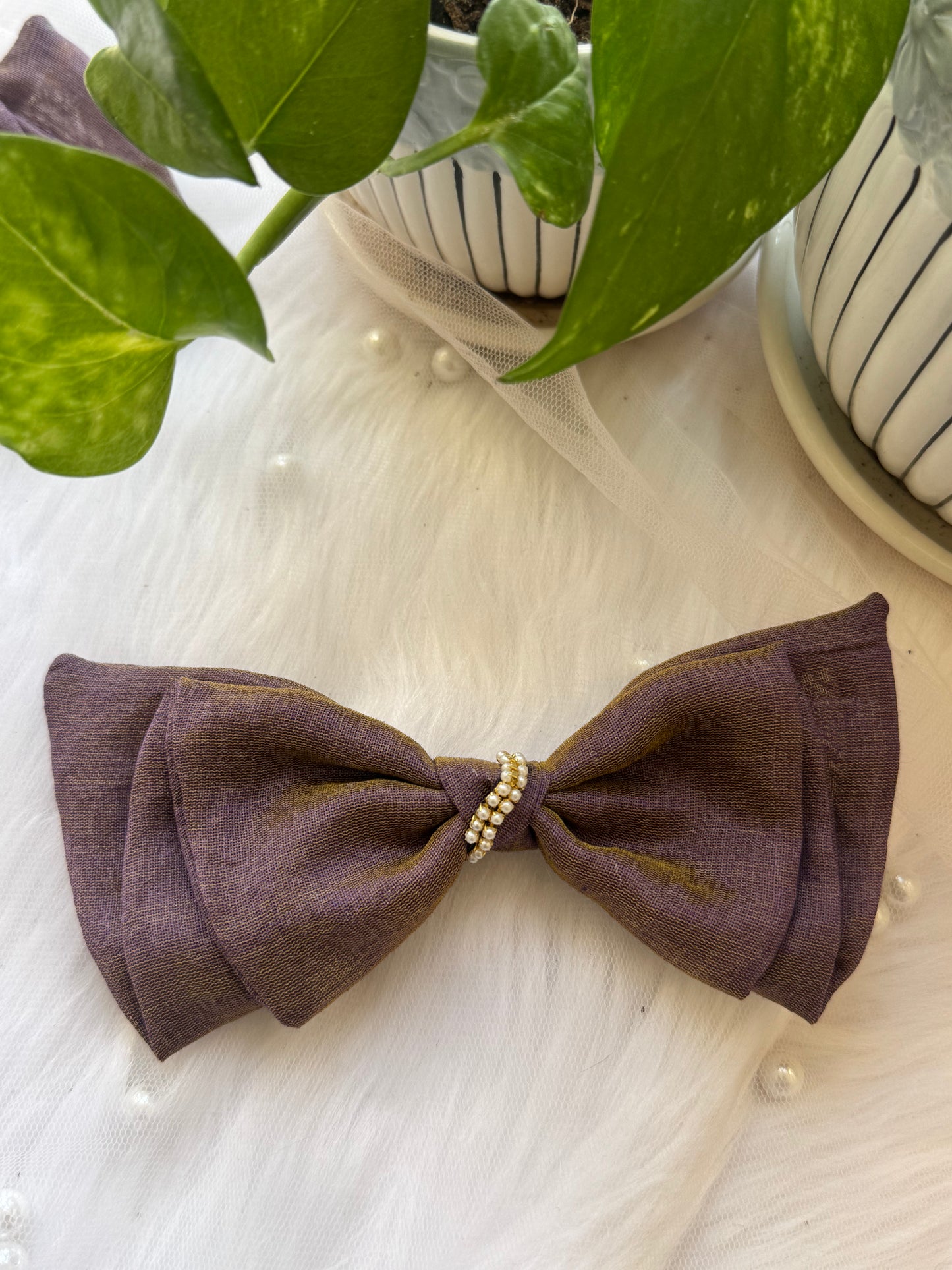 Blackcurrant Ice Hair Bow Clip - Front view of a soft light brown cotton hair bow for timeless and elegant styling.