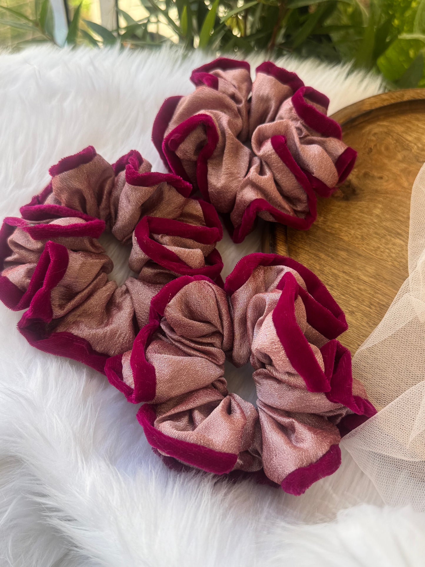 Collection of Damask Roses Scrunchies – XL-sized silk and velvet scrunchies in a stunning metallic pastel pink with a deep pink outline