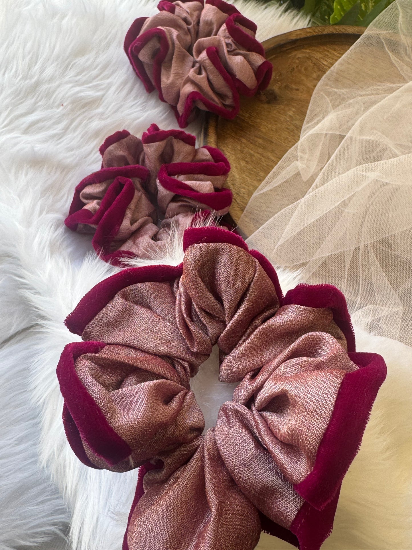 Collection of Damask Roses Scrunchies – XL-sized silk and velvet scrunchies in a stunning metallic pastel pink with a deep pink outline