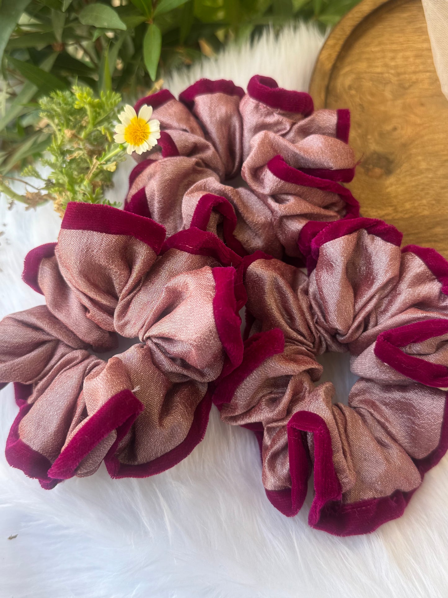 Collection of Damask Roses Scrunchies – XL-sized silk and velvet scrunchies in a stunning metallic pastel pink with a deep pink outline