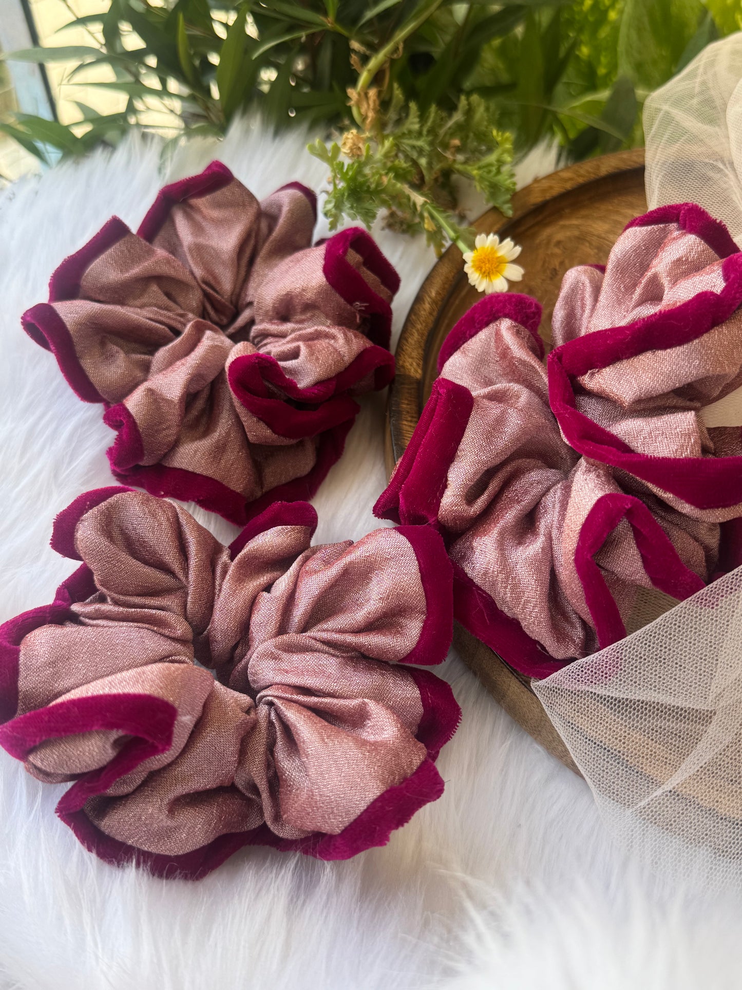 Collection of Damask Roses Scrunchies – XL-sized silk and velvet scrunchies in a stunning metallic pastel pink with a deep pink outline