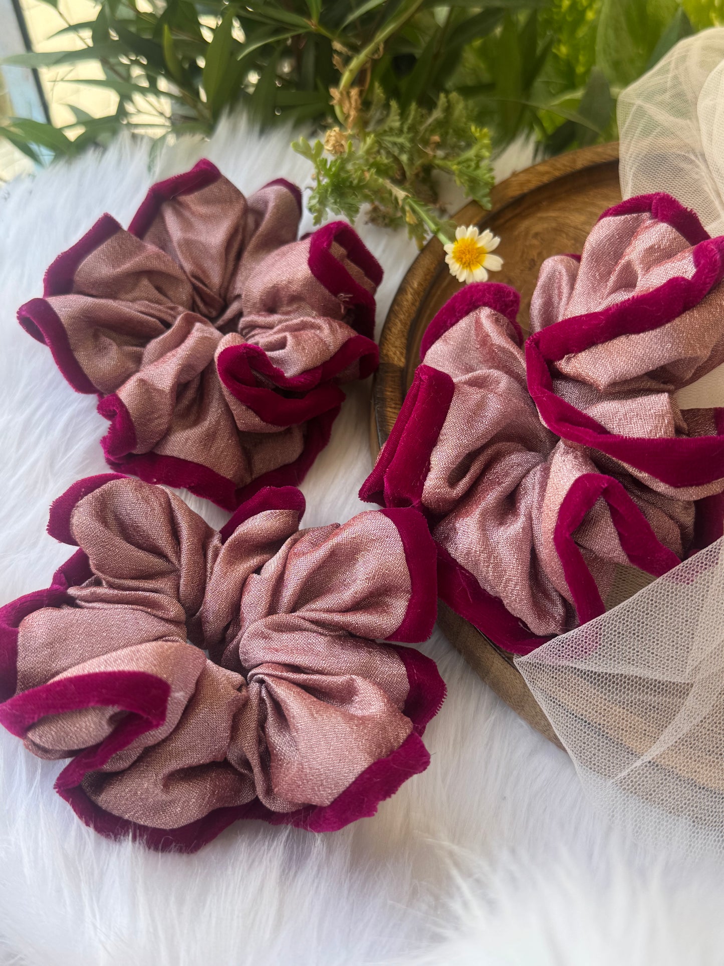 Collection of Damask Roses Scrunchies – XL-sized silk and velvet scrunchies in a stunning metallic pastel pink with a deep pink outline