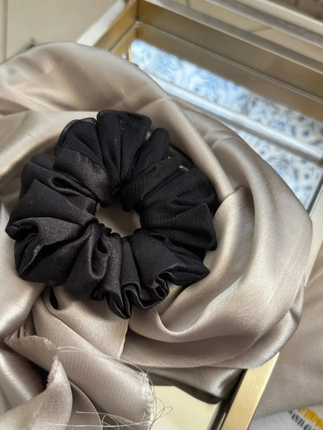 Bows and Bags India | Black Rose - Luxe Satin & Net Scrunchie for a Bold & Elegant Look - L size | packaging | handmade hair