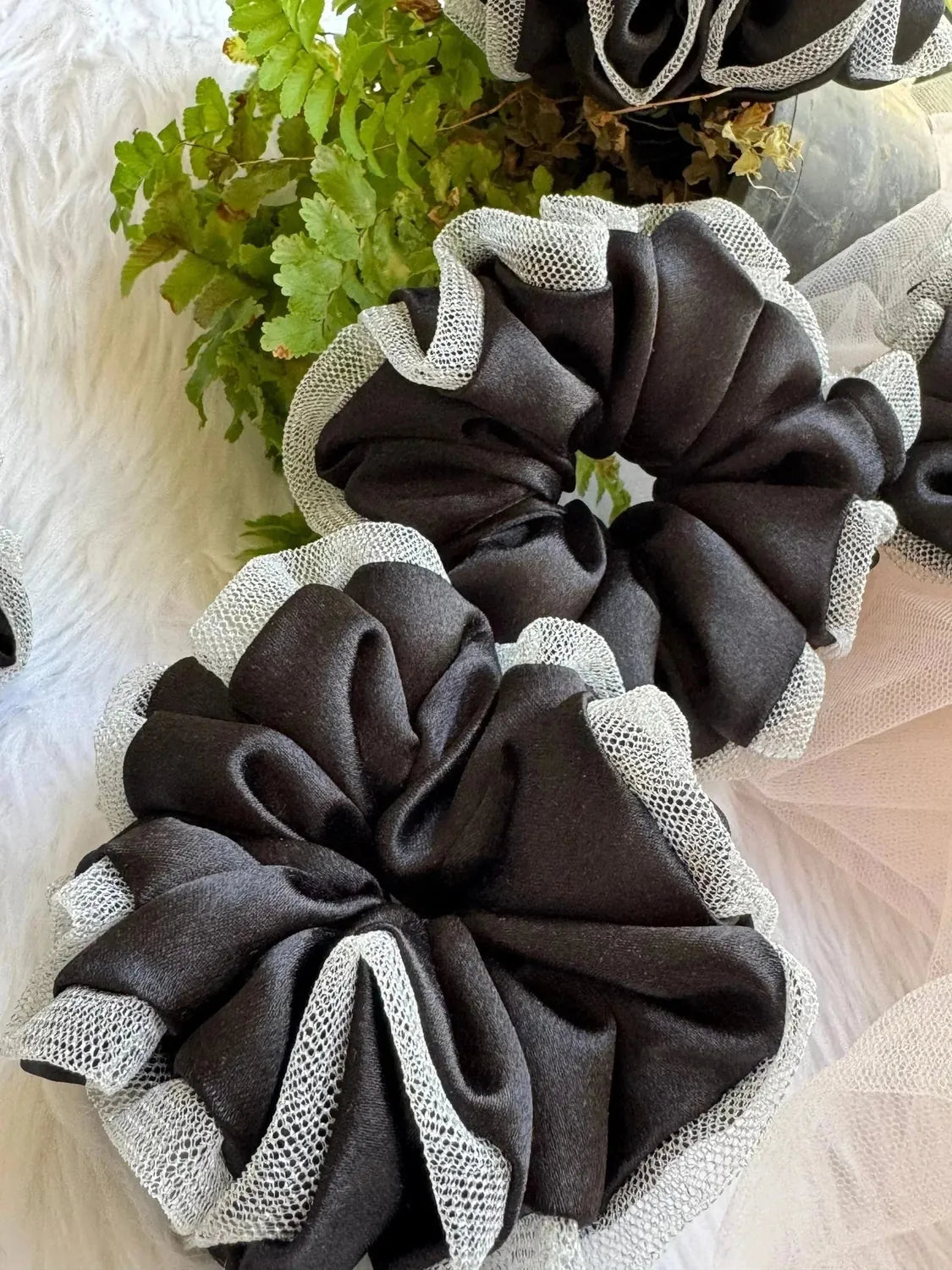 Bows and Bags India | Black Silva - Satin & Net Scrunchie - L Size | detail view | handmade hair accessories India