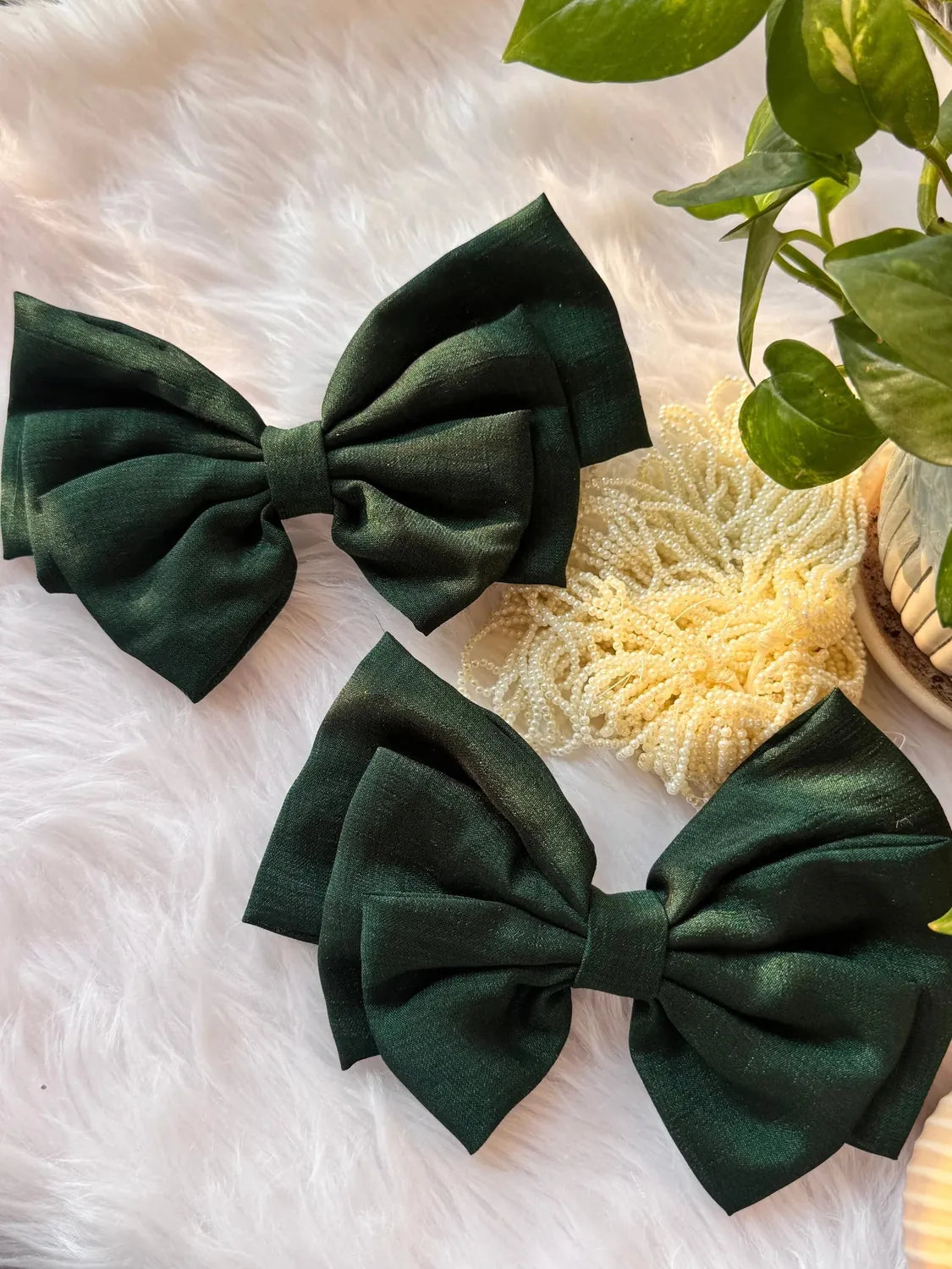 Bows and Bags India | Forrest Green - Silk Hair Bow | back view | handmade hair accessories India