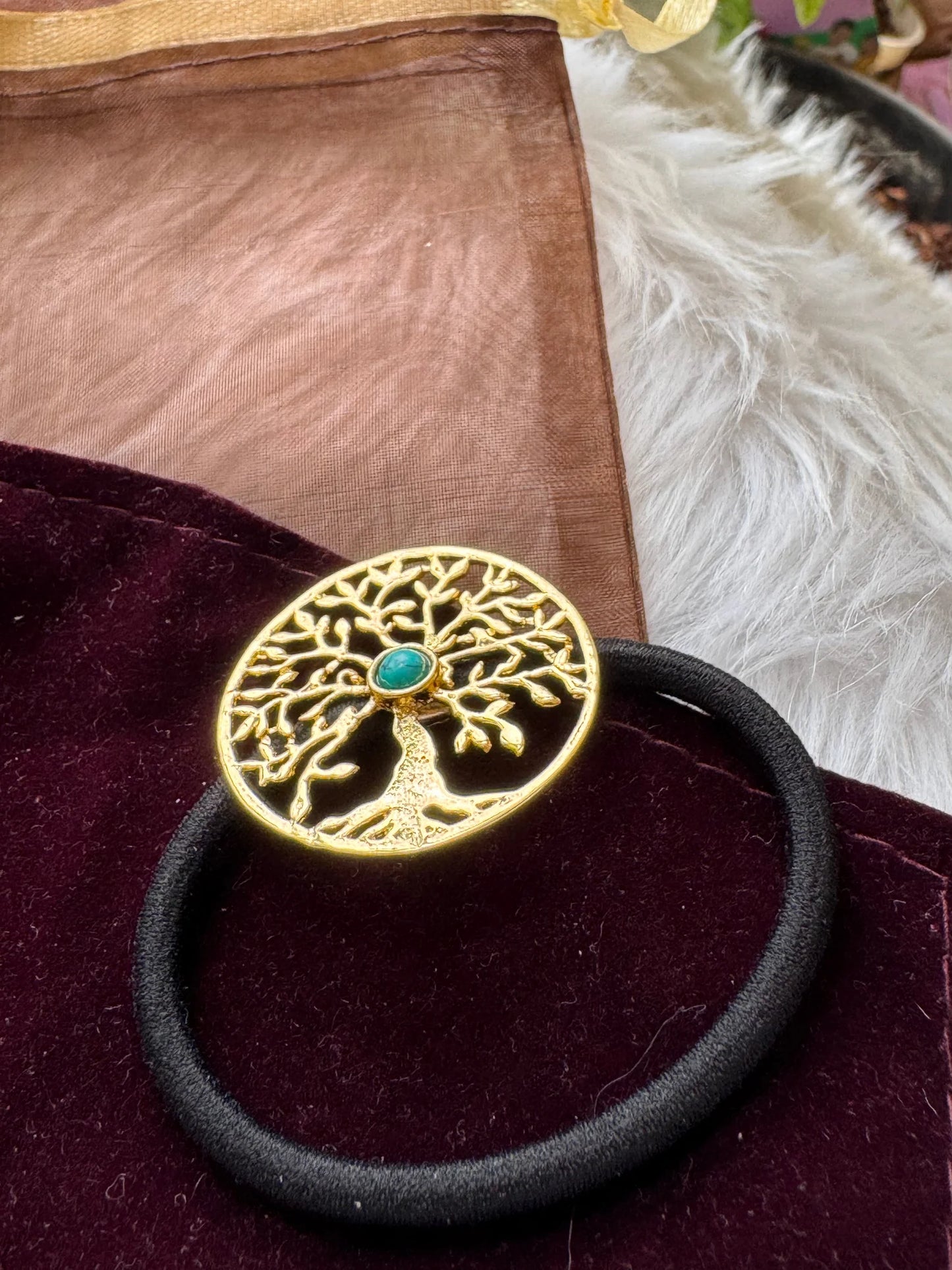 Golden Tree metal rubber band hair tie with turquoise stone on black elastic by Bows and Bags India
