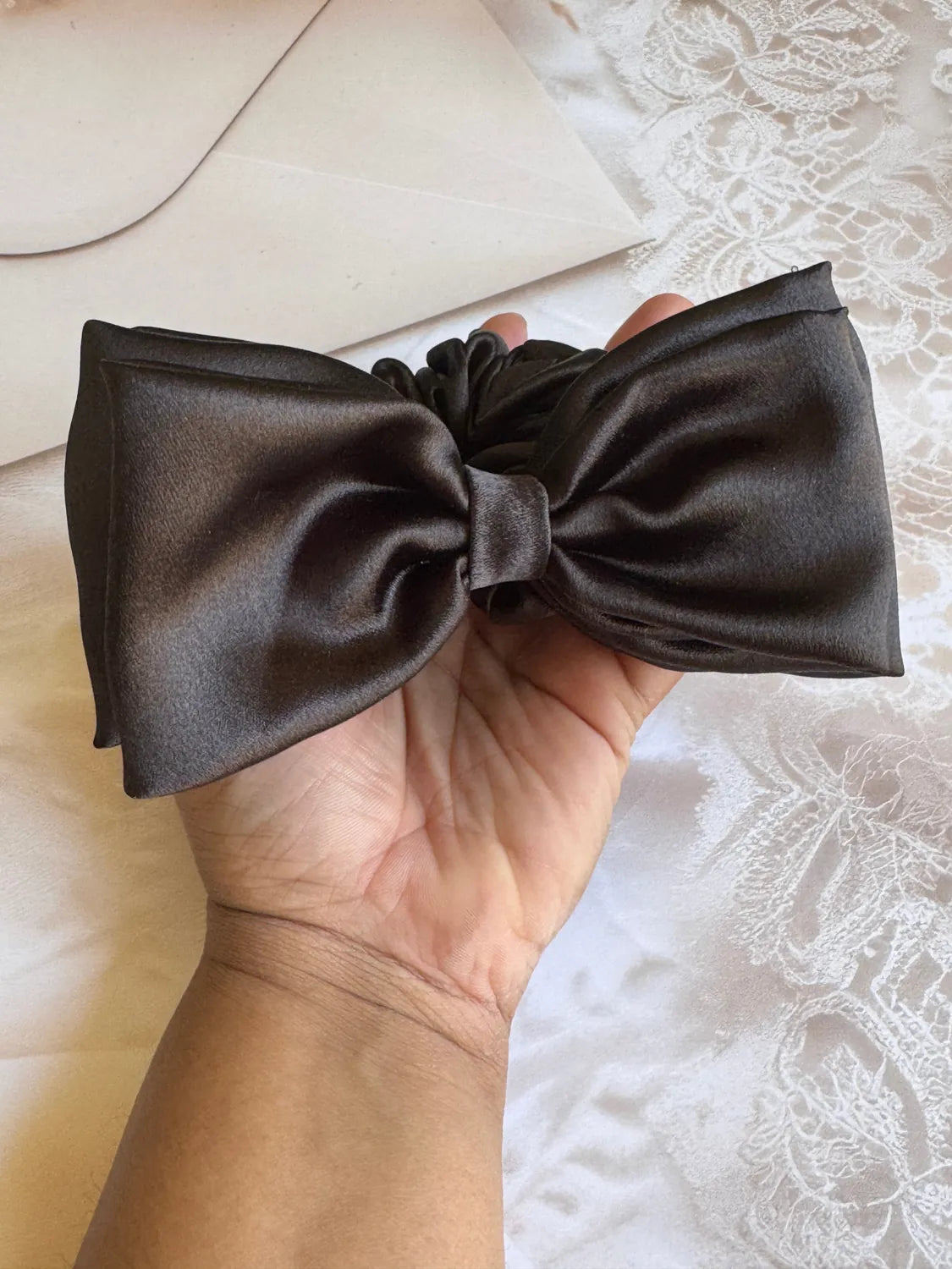 Bows and Bags India | Midnight Satin Bow Scrunchie | side view | handmade hair accessories India