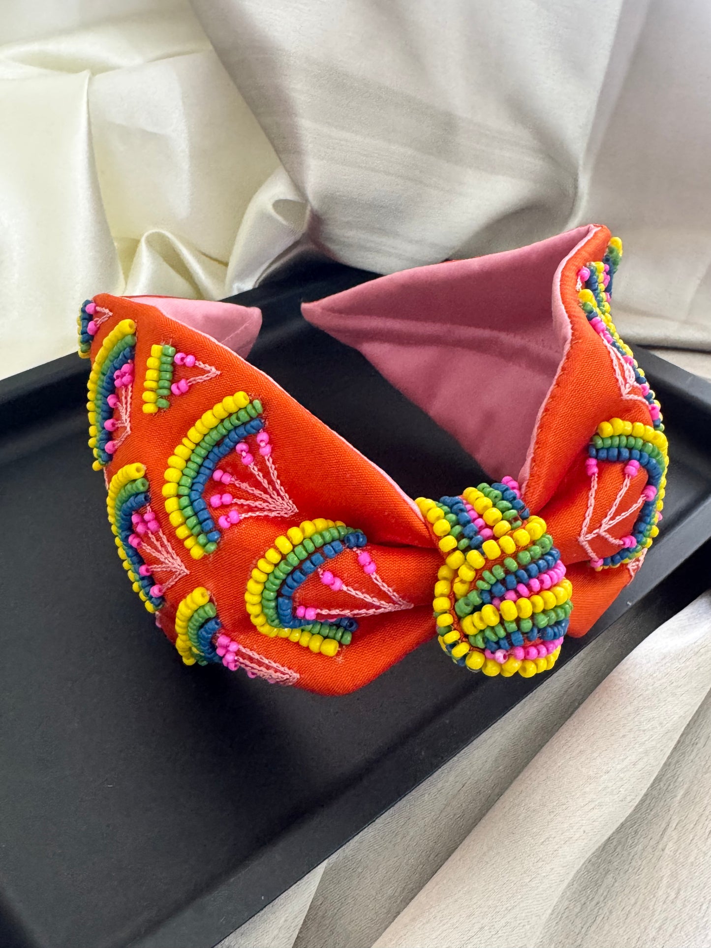 Tangerine Hawai - Designer Handmade Beaded Satin Headband/Hairband