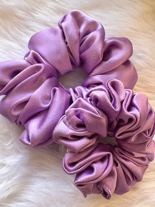 Set of two Lavender Duo Satin Scrunchies – premium large and small satin scrunchies in a dreamy lavender shade, displayed front-facing in a straight alignment
