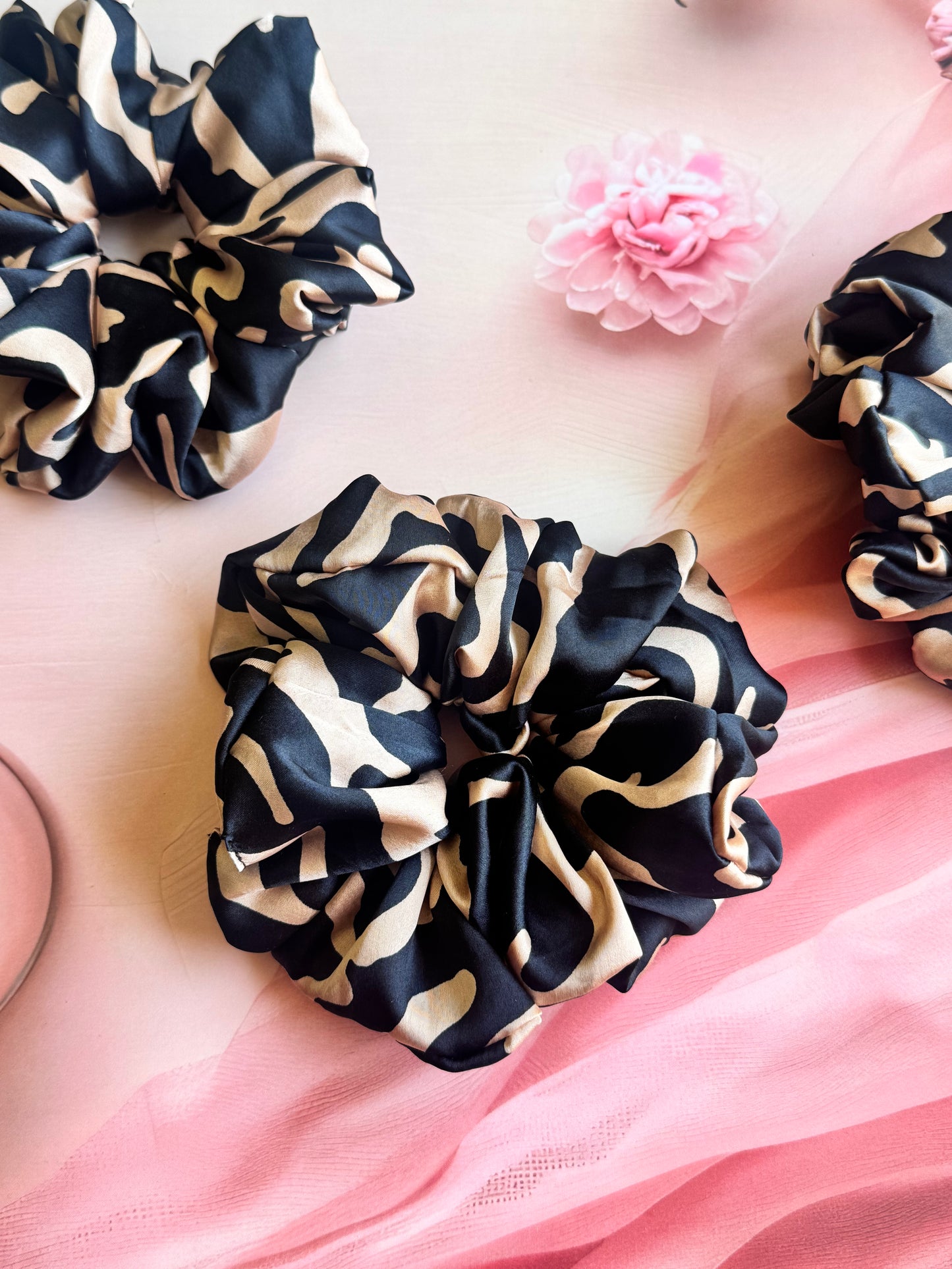 Black Savanna – Abstract Animal Print XL Satin Scrunchie| Cow Print Hair Tie | Large Satin Scrunchie — handmade hair accessory