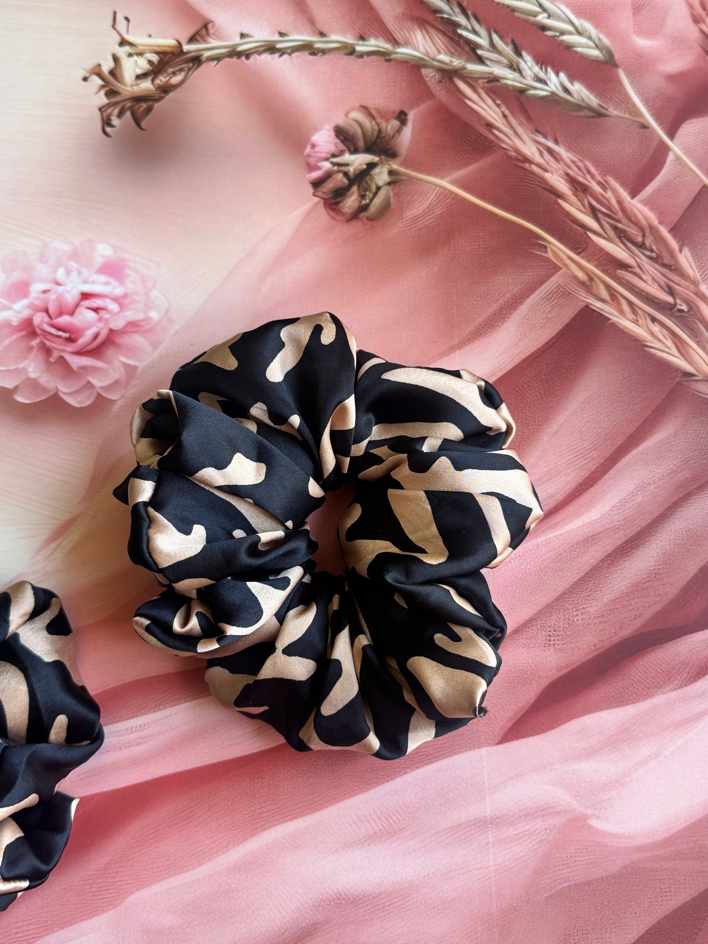 Black Savanna – Abstract Animal Print XL Satin Scrunchie| Cow Print Hair Tie | Large Satin Scrunchie — handmade hair accessory