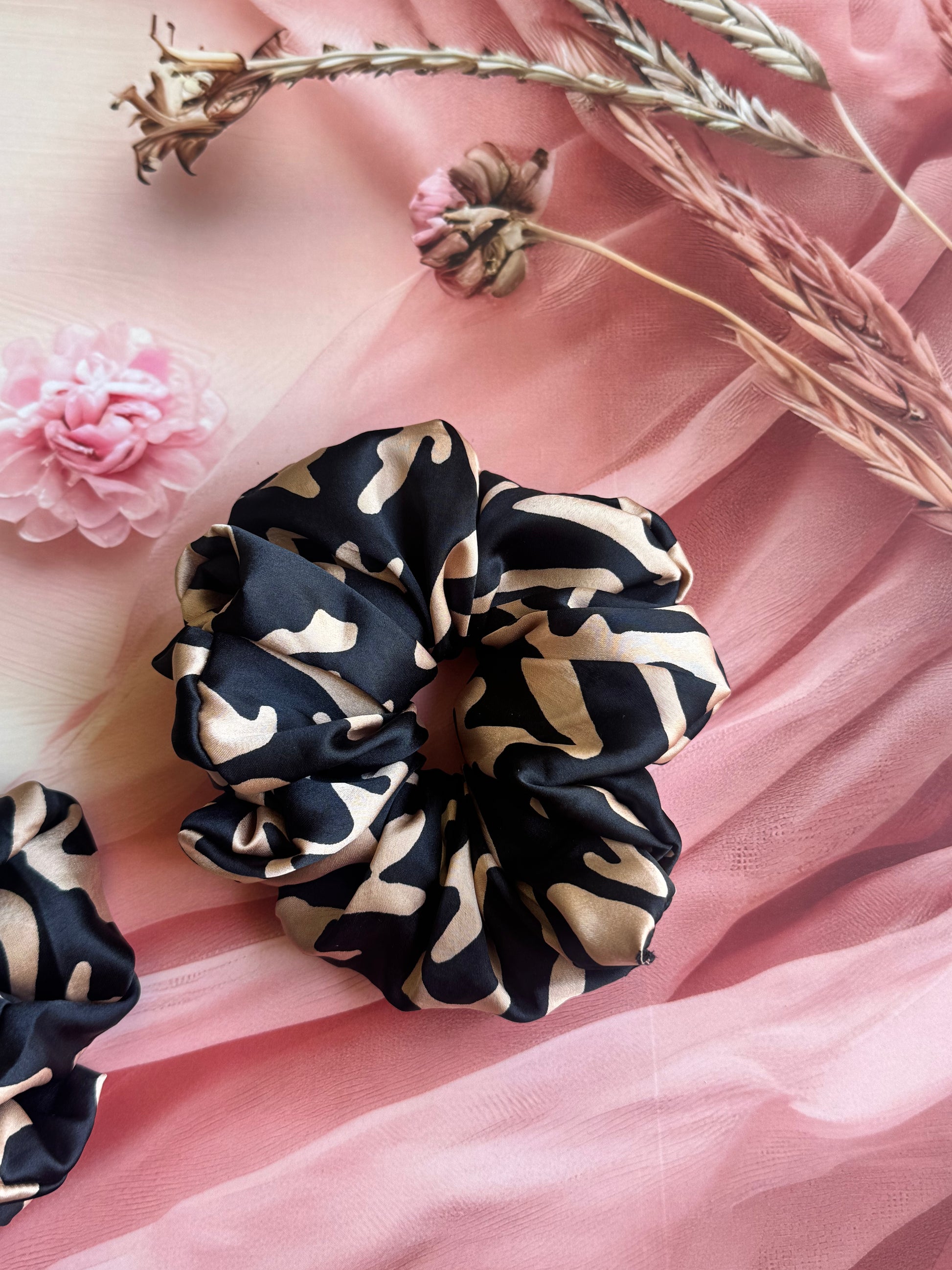 Black Savanna – Abstract Animal Print XL Satin Scrunchie| Cow Print Hair Tie | Large Satin Scrunchie — handmade hair accessory