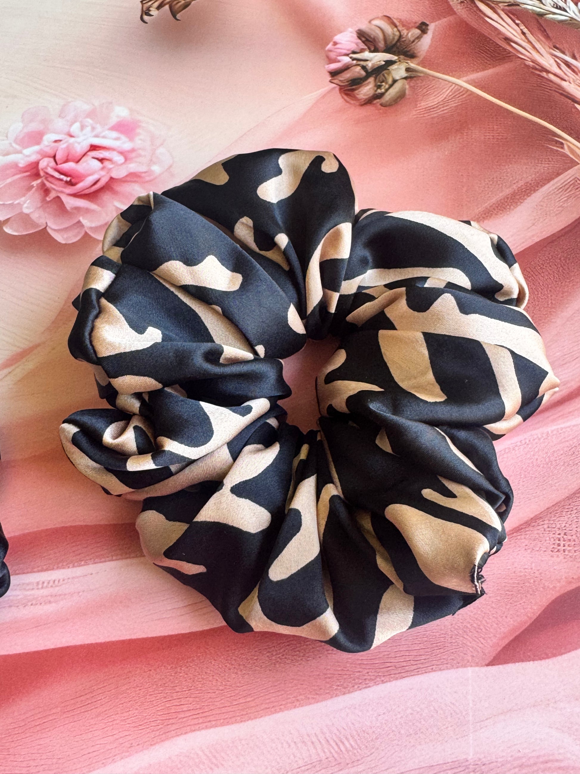 Black Savanna – Abstract Animal Print XL Satin Scrunchie| Cow Print Hair Tie | Large Satin Scrunchie — handmade hair accessory