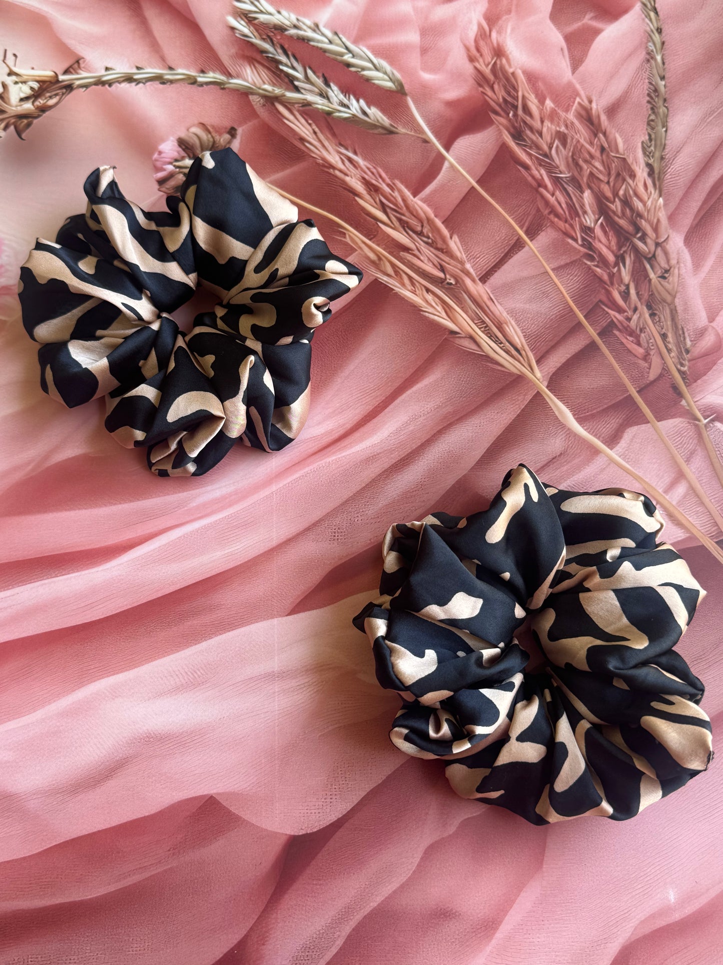 Black Savanna – Abstract Animal Print XL Satin Scrunchie| Cow Print Hair Tie | Large Satin Scrunchie — handmade hair accessory