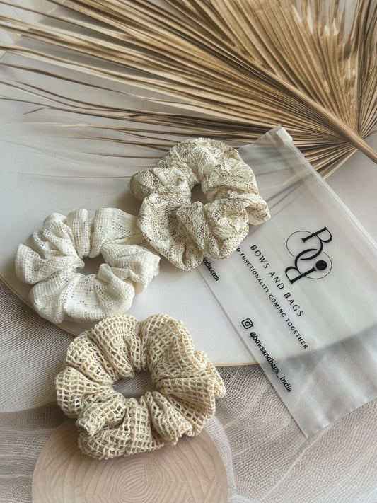 Dune Trio – Designer Net Mesh Scrunchie Set | Pack of 3 | Boho Hair Accessories — handmade hair accessory