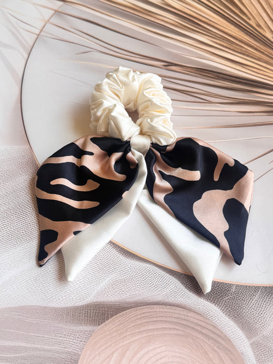 Wild Luxe Bow – Animal Print Satin Dual Long Tail Scrunchie | Bow Hair Tie | Printed Scrunchie India