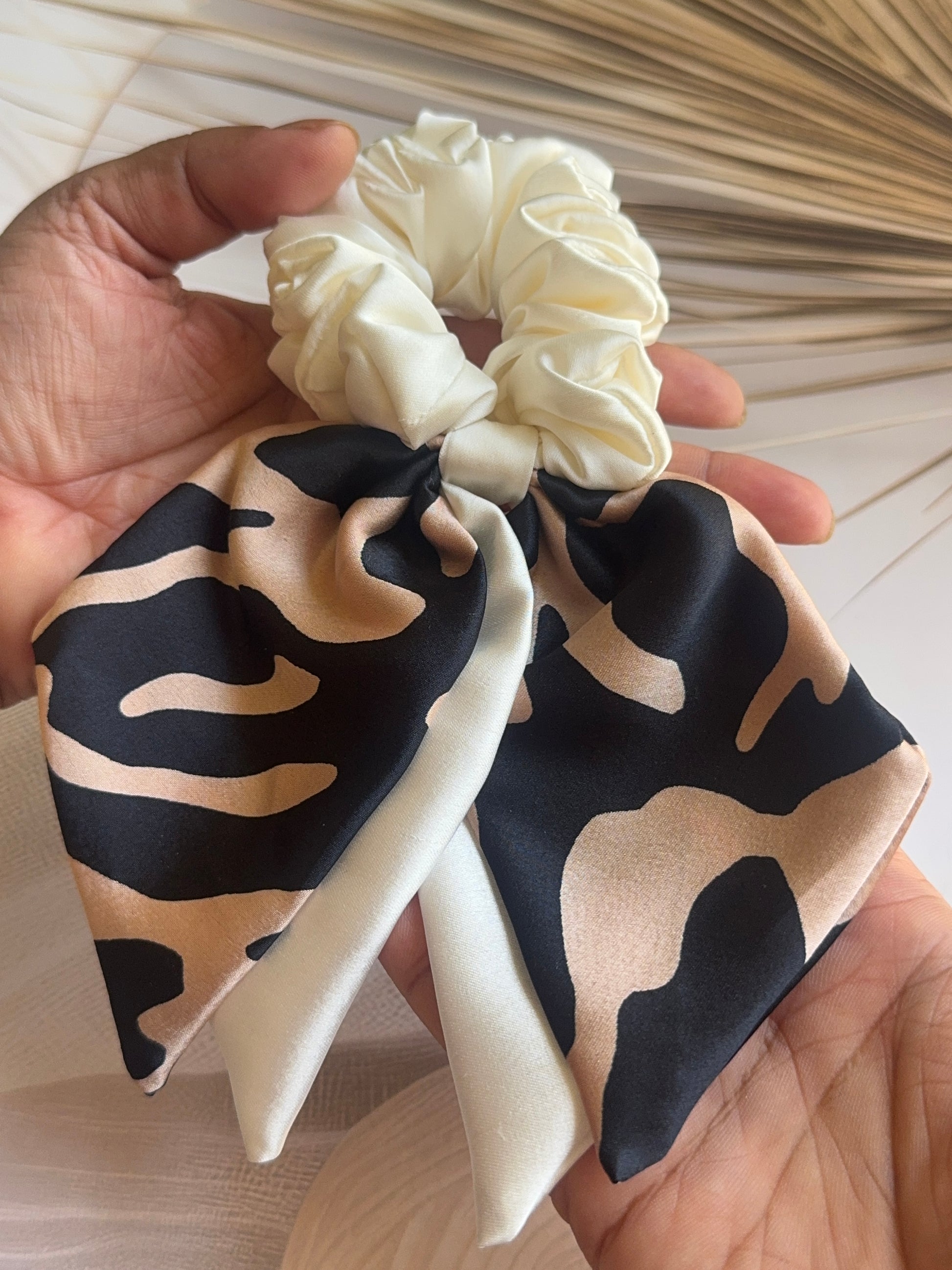 Wild Luxe Bow – Animal Print Satin Dual Long Tail Scrunchie | Bow Hair Tie | Printed Scrunchie India — handmade hair accessory