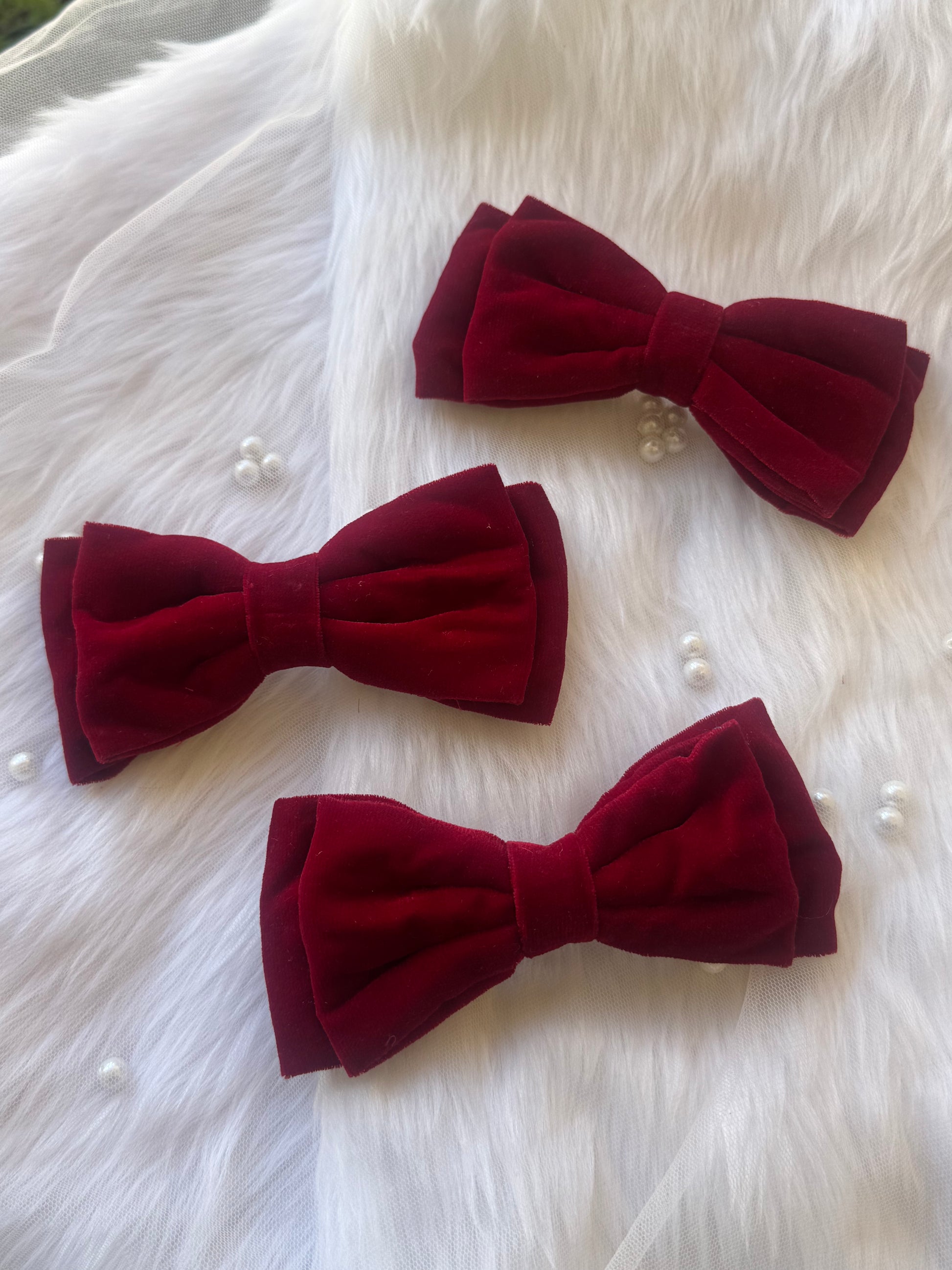 Three Cosmos Queen Hair Bows - Front view of a set of maroon red premium velvet hair bow clips, ideal for formal, casual, or statement styling