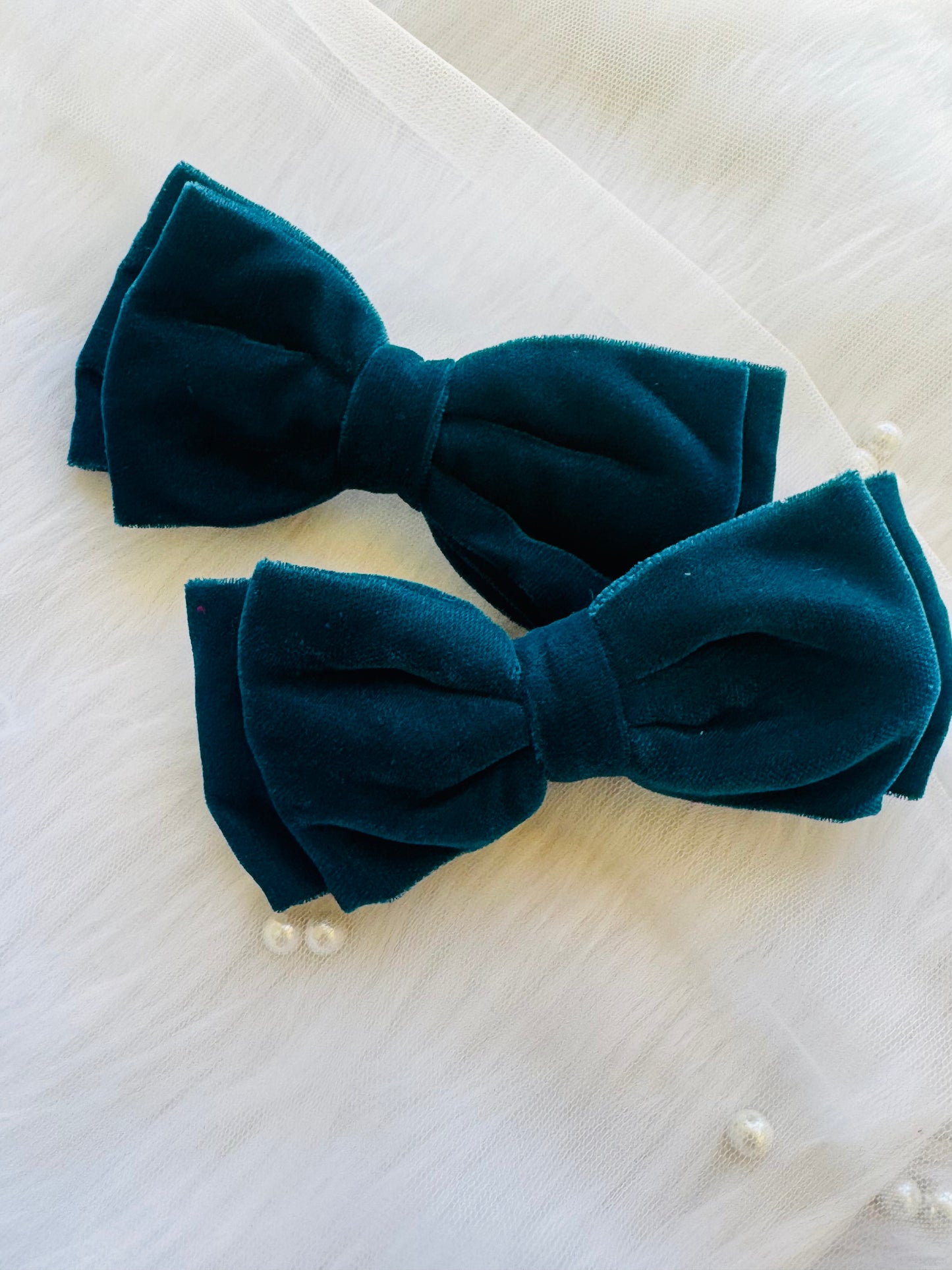 Two Blueberry Pie Hair Bows - Front view of peacock blue premium velvet hair bow clips, perfect for chic and versatile styling