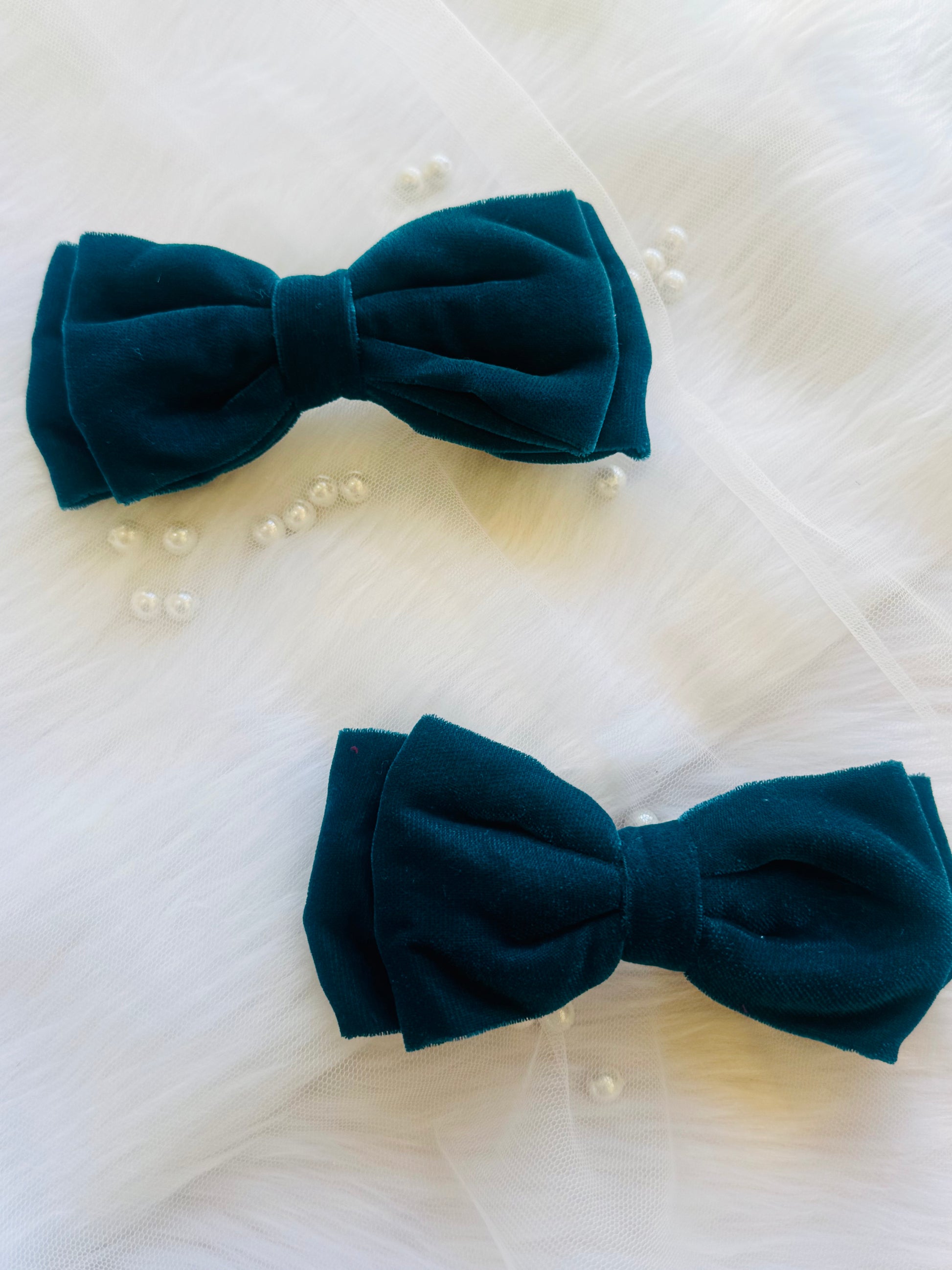 Two Blueberry Pie Hair Bows - Front view of peacock blue premium velvet hair bow clips, perfect for chic and versatile styling