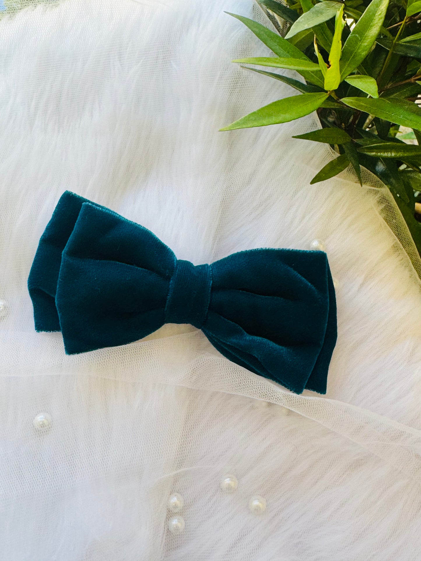 Blueberry Pie Hair Bow Clip - Front view of a peacock blue premium velvet hair bow, combining elegance and timeless sophistication