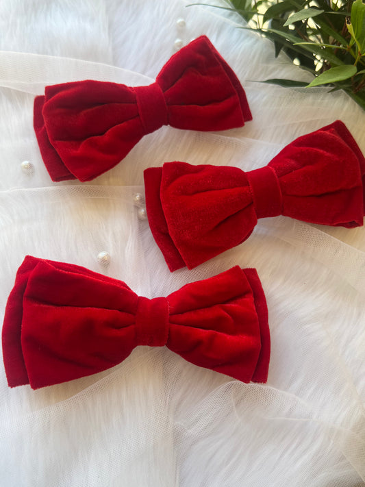 Three Red Velvet Hair Bows - Front view of a set of crimson red premium velvet hair bow clips, ideal for making a bold and sophisticated statement.