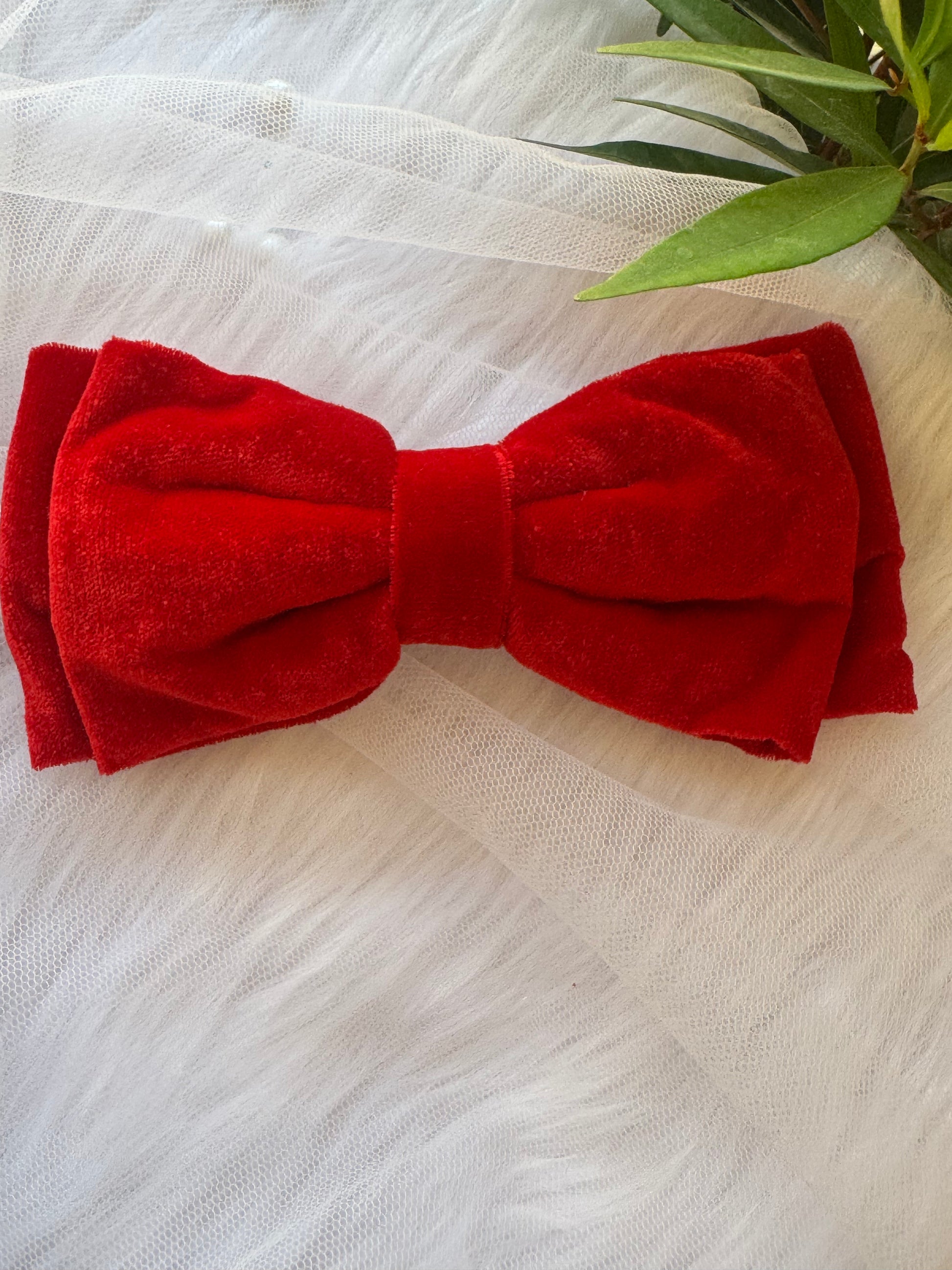 Red Velvet Hair Bow Clip - Front view of a crimson red premium velvet hair bow, expressing love and luxury with timeless elegance.