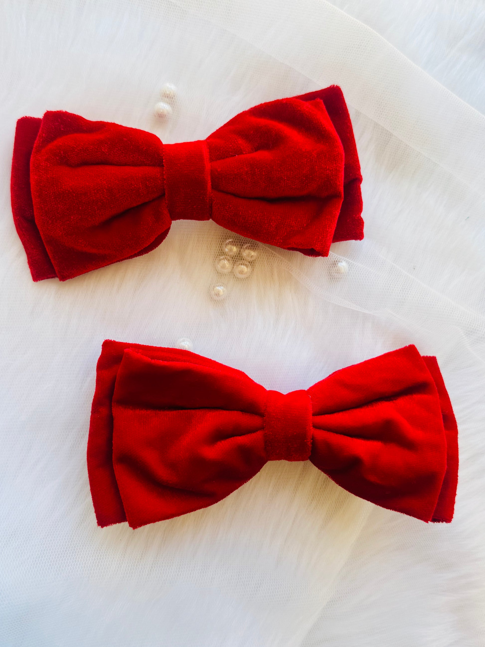 Two Red Velvet Hair Bows - Front view of crimson red premium velvet hair bow clips, perfect for bold, luxurious, and elegant styling