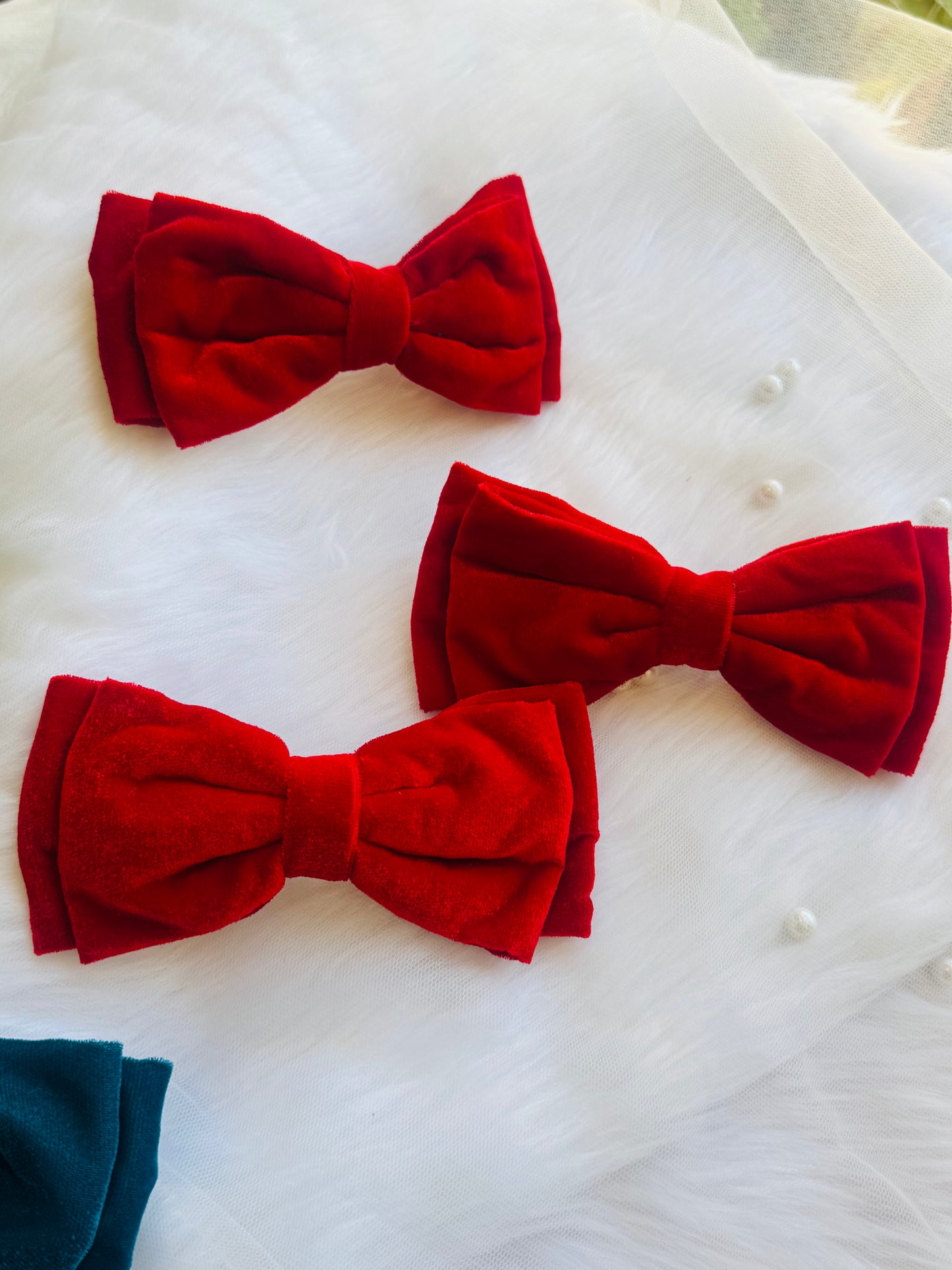 Three Red Velvet Hair Bows - Front view of a set of crimson red premium velvet hair bow clips, ideal for making a bold and sophisticated statement.